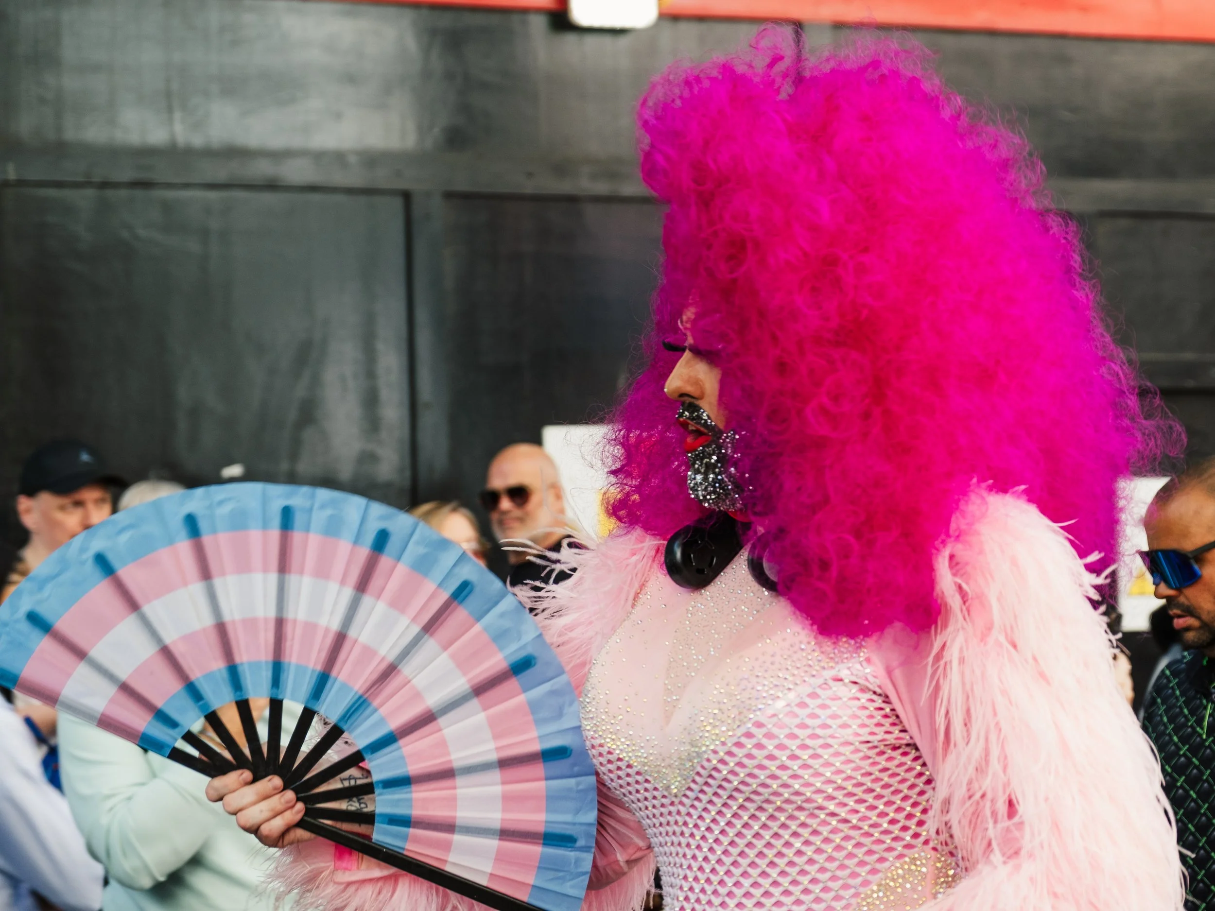 A person dressed in a bright pink, curly wig and elaborate costume holding a colorful fan during a festive event.
