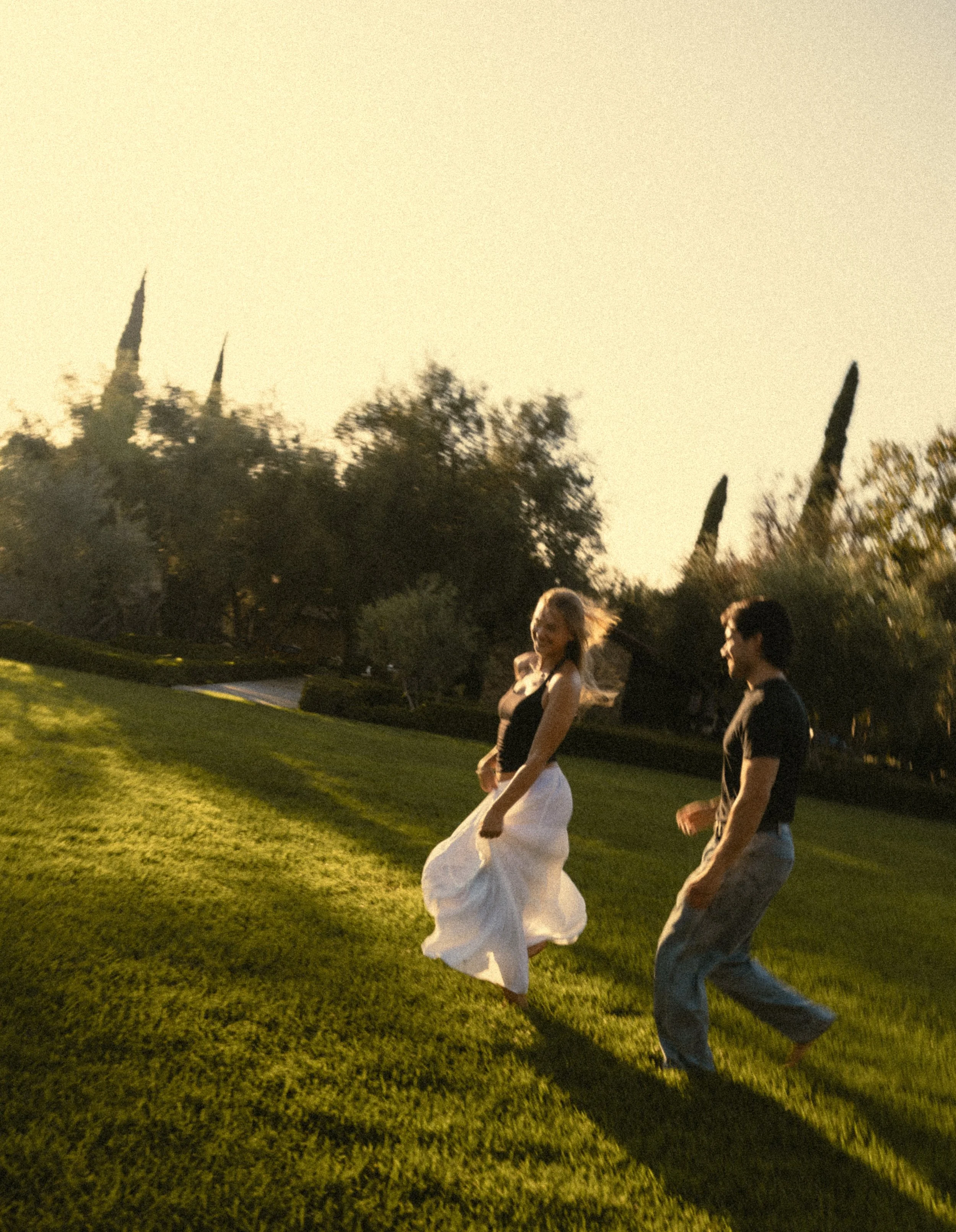 People dancing on a grassy field during sunset with trees and tall needle-like plants in the background.