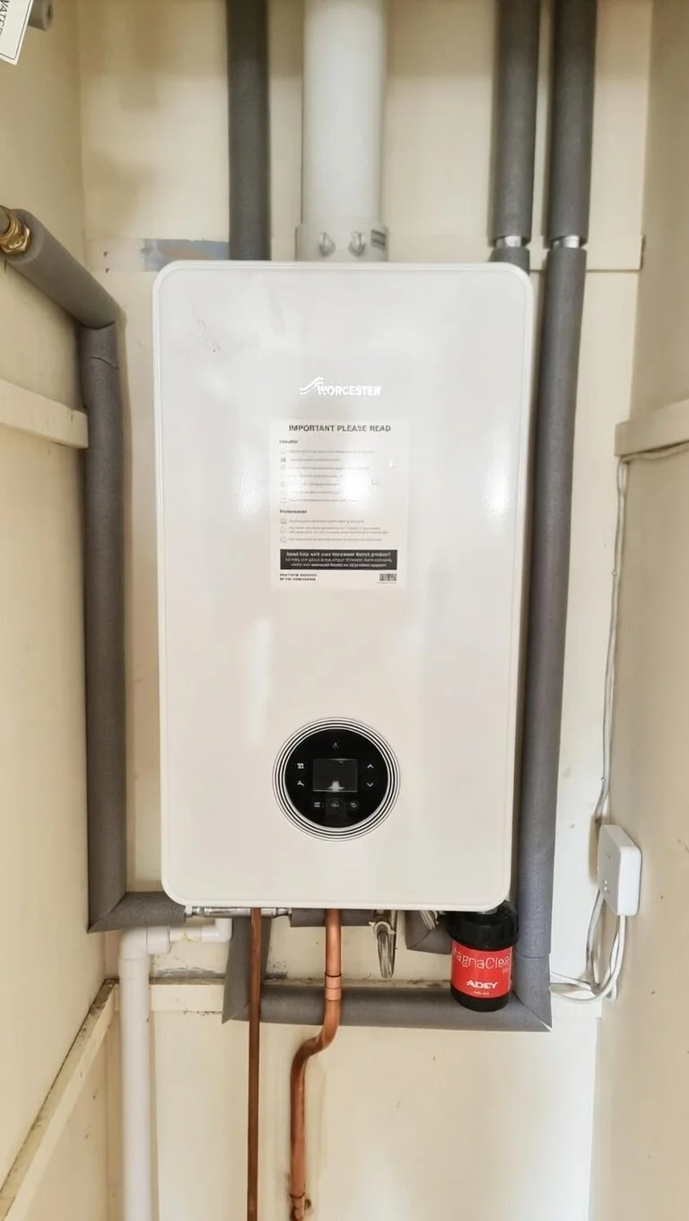 An electric boiler mounted on a wall with pipes connected, with a black and red filter attached at the bottom right.