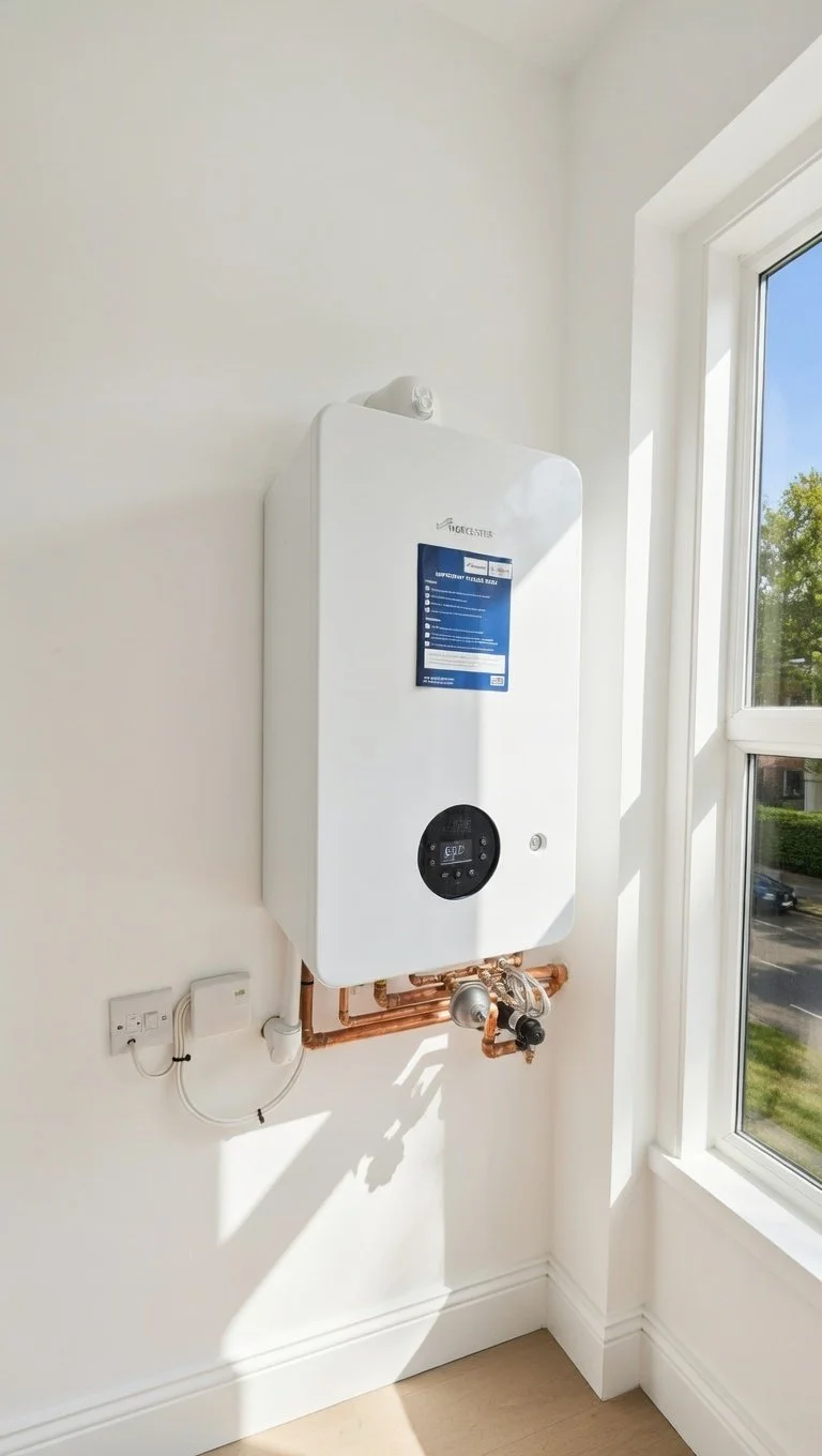 A wall-mounted white boiler next to a large window in a bright room.