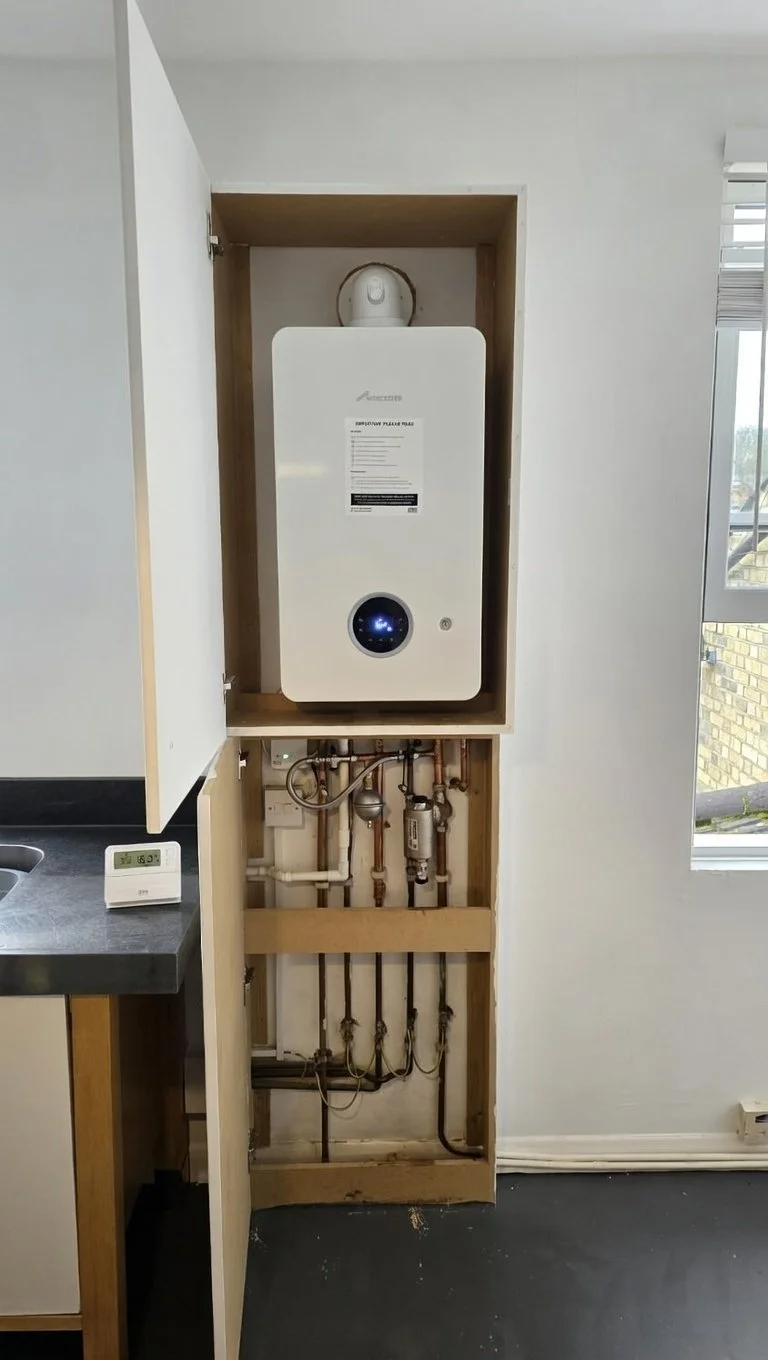 A water heater installed inside a wall cabinet with an open door, revealing plumbing and a thermostat on a nearby wall in a kitchen or utility room.