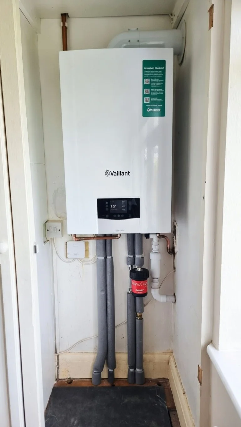 A Vaillant tankless water heater installed in a small utility closet, with pipes and electrical connections visible and a check valve attached to the piping.