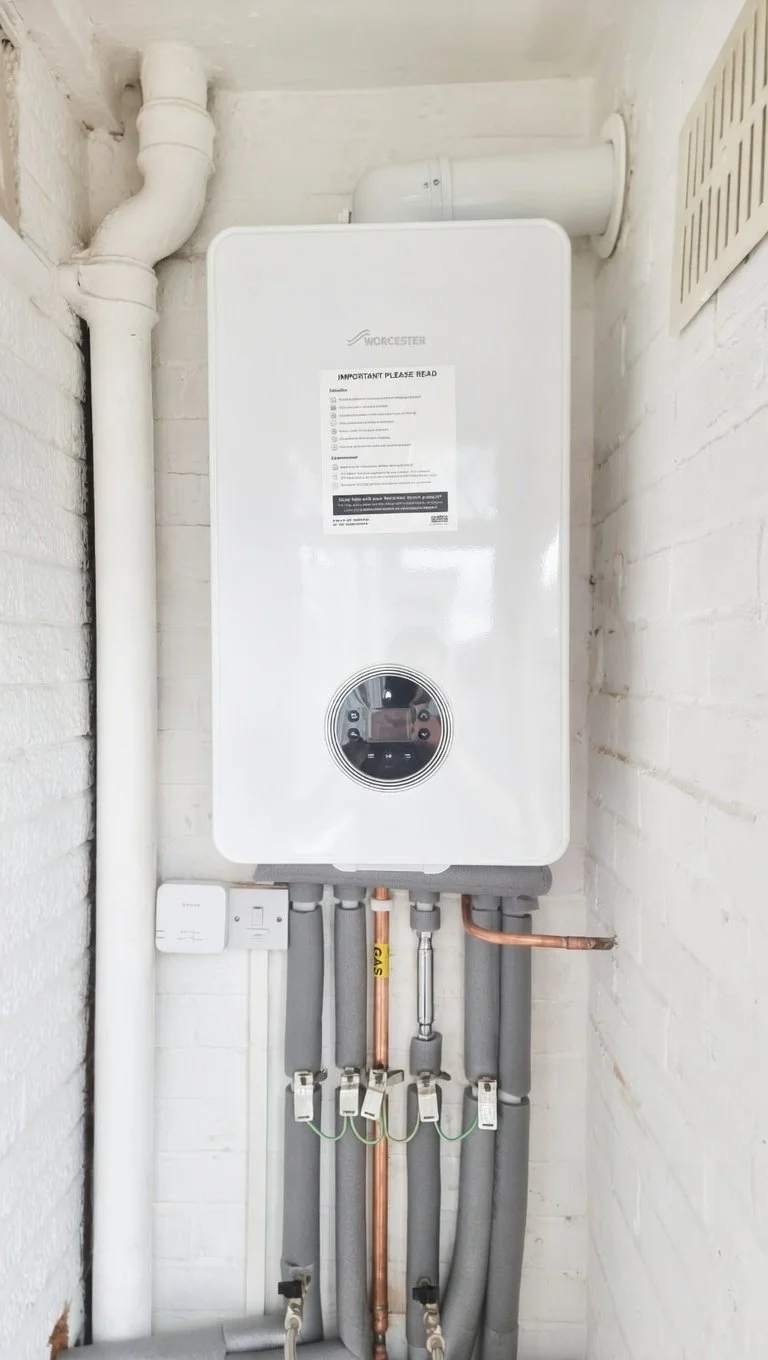 A white Worcester boiler mounted on a white brick wall with pipes and fittings beneath it.