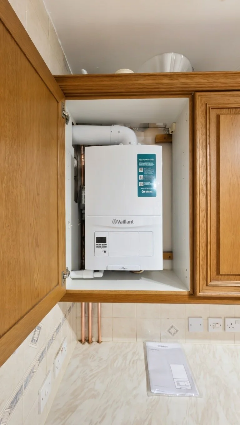A Vaillant wall-mounted boiler installed inside a kitchen cabinet with wooden doors. The boiler is white with a control panel on its lower left side, and a blue informational sticker on the upper right side. The cabinet is open, revealing the boiler and piping behind it. The kitchen wall has electrical outlets and controls, with some paper documentation on the countertop below.
