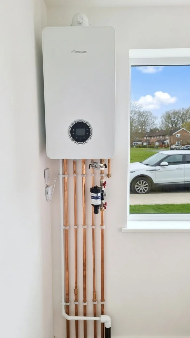 A white Worcester boiler mounted on a wall next to a window, with copper pipes and a black circulator pump below it.