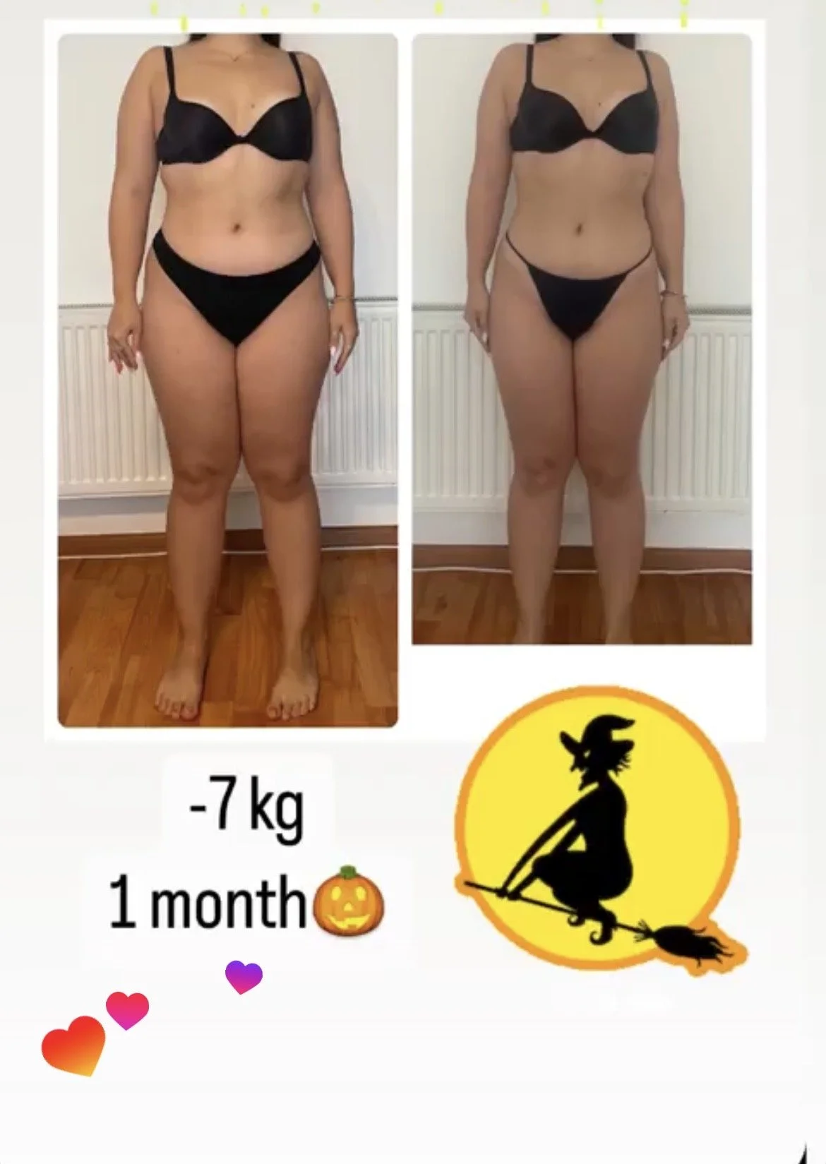 Before and after photos of a woman showing weight loss of 7 kg over one month, with a cartoon witch riding a broomstick and decorated with hearts, pumpkin, and text indicating the weight change and time period.