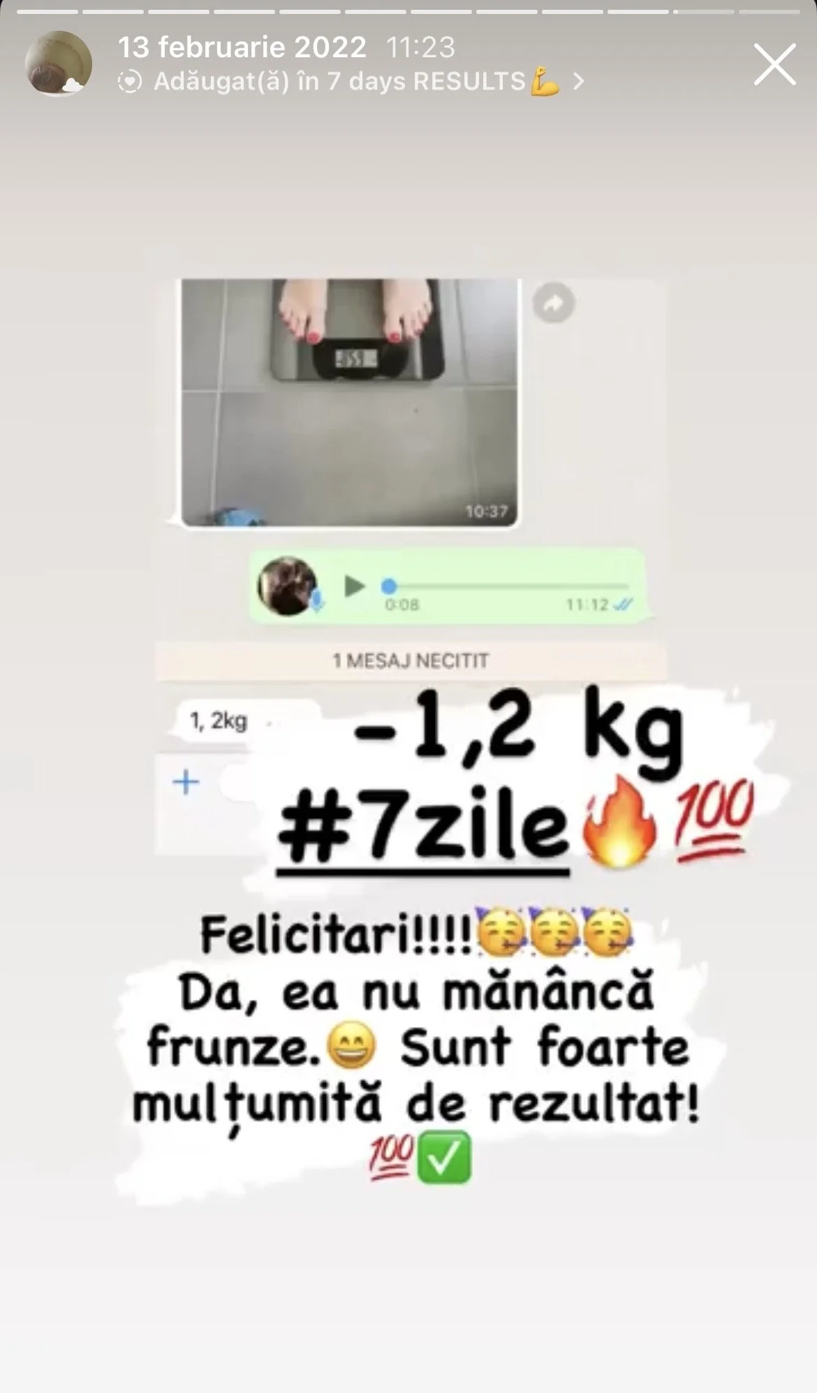 Screenshot of a WhatsApp message about weight loss, showing a scale with a person's feet, a voice message, and a text message in Romanian congratulating on losing 1.2 kg in 7 days with emojis and positive remarks.