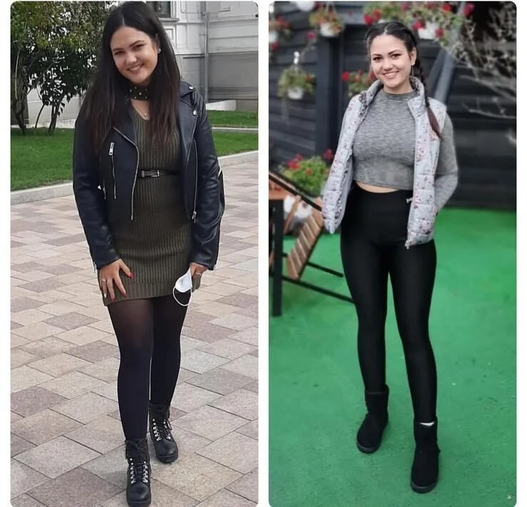 Side-by-side photos of two young women smiling, dressed in casual fall outfits, outdoors.