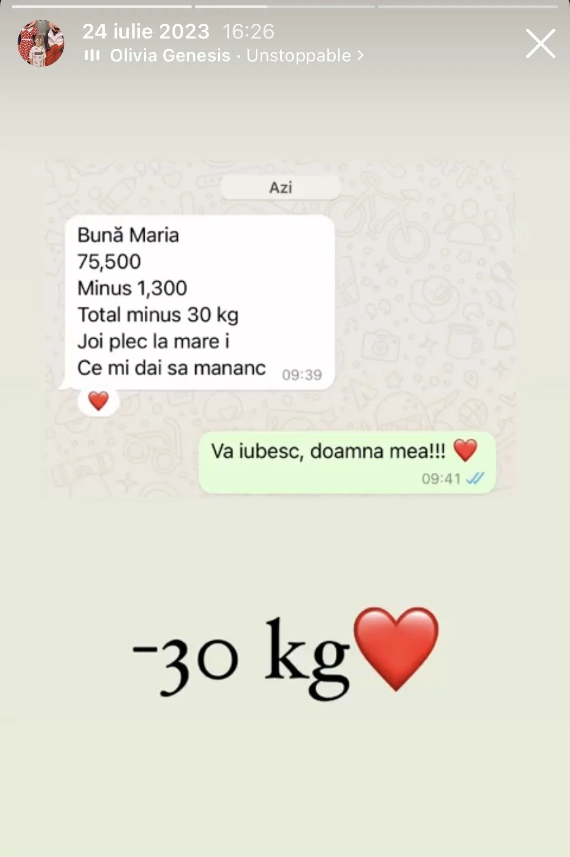 Screen shot of a WhatsApp message conversation about losing 30 kg, with comments expressing love and support, and a graphic with '-30 kg' and a red heart on a light green background.