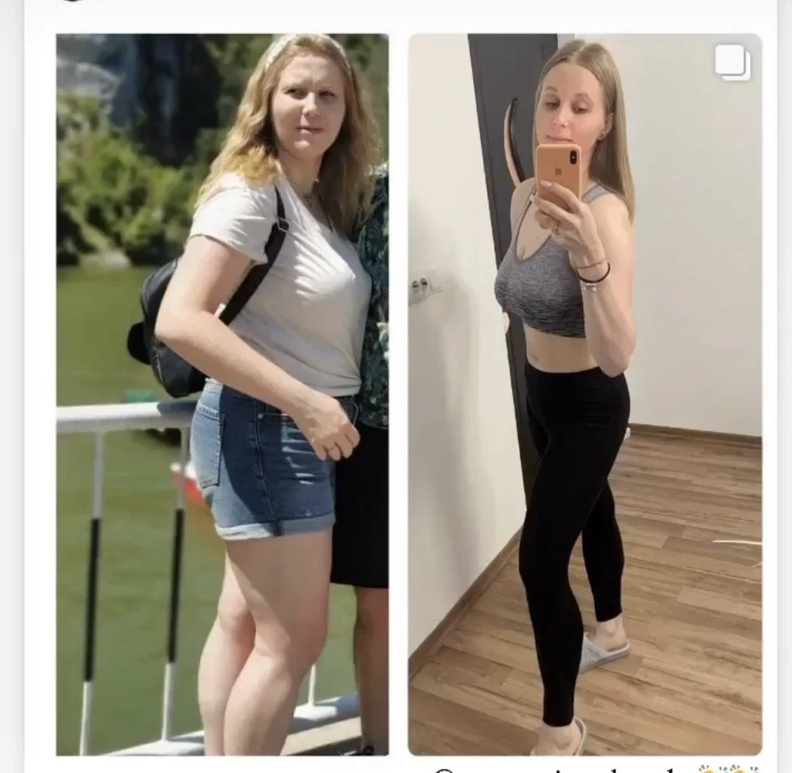 Side-by-side comparison of a woman before and after weight loss, showing her transformation from a casual outdoor outfit with a white t-shirt and denim shorts to a workout outfit with a gray sports bra and black leggings, taking selfie in mirror.
