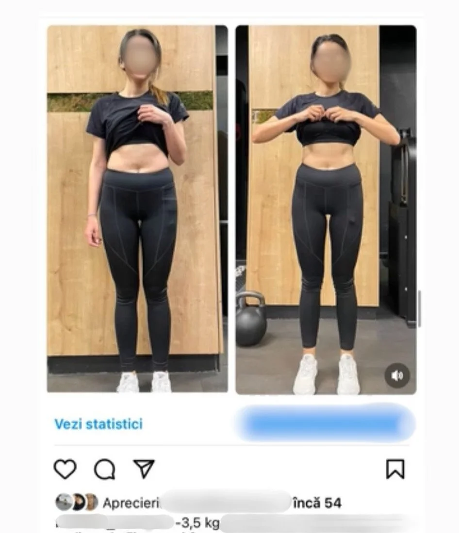 Side-by-side before and after fitness progress photos of a woman with blurred face, wearing black workout clothes and white sneakers, showing weight loss results.