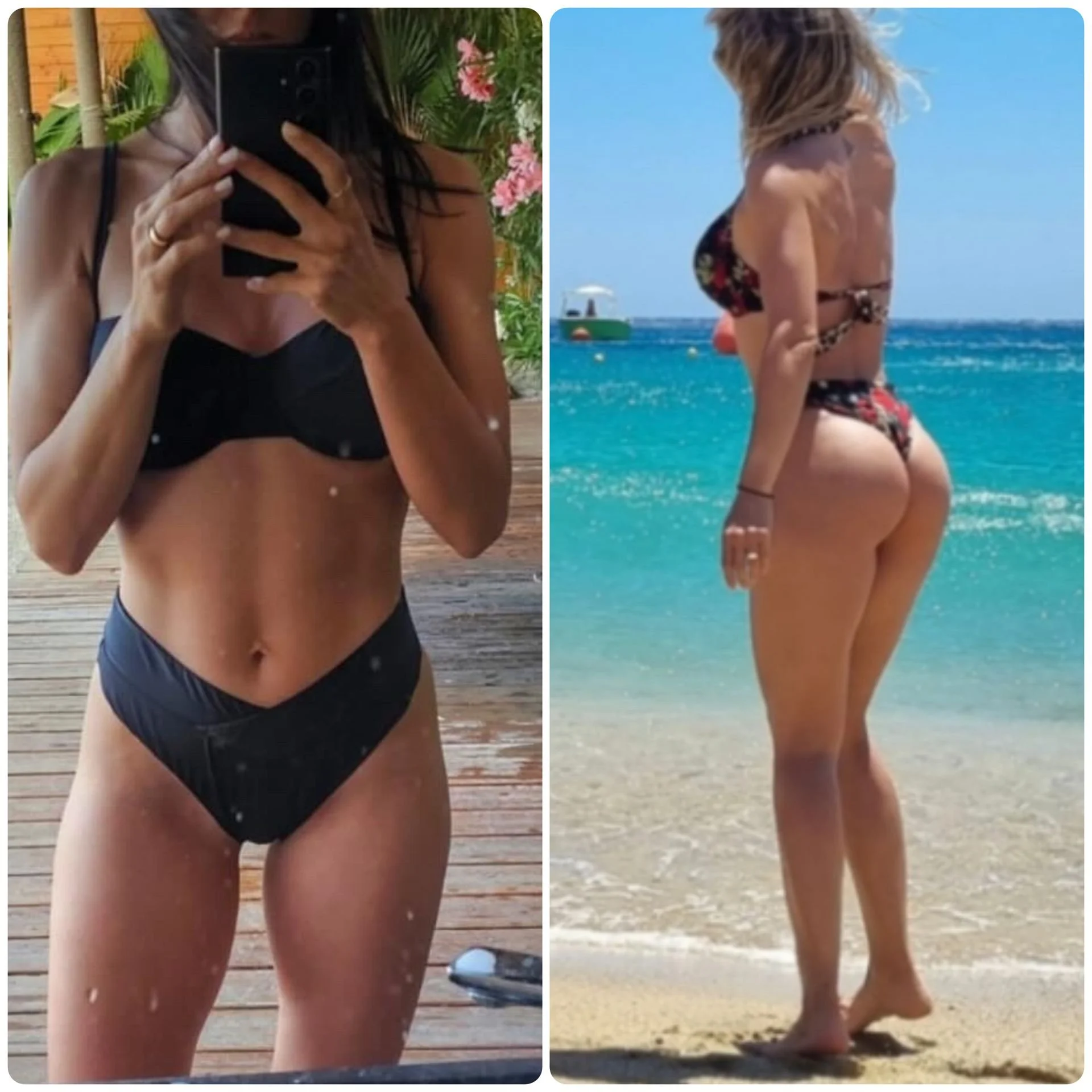 Side-by-side photos of a woman in a black bikini taking a mirror selfie indoors with greenery and pink flowers visible, and a woman in a floral Bikini on a beach with turquoise water and a boat in the background.