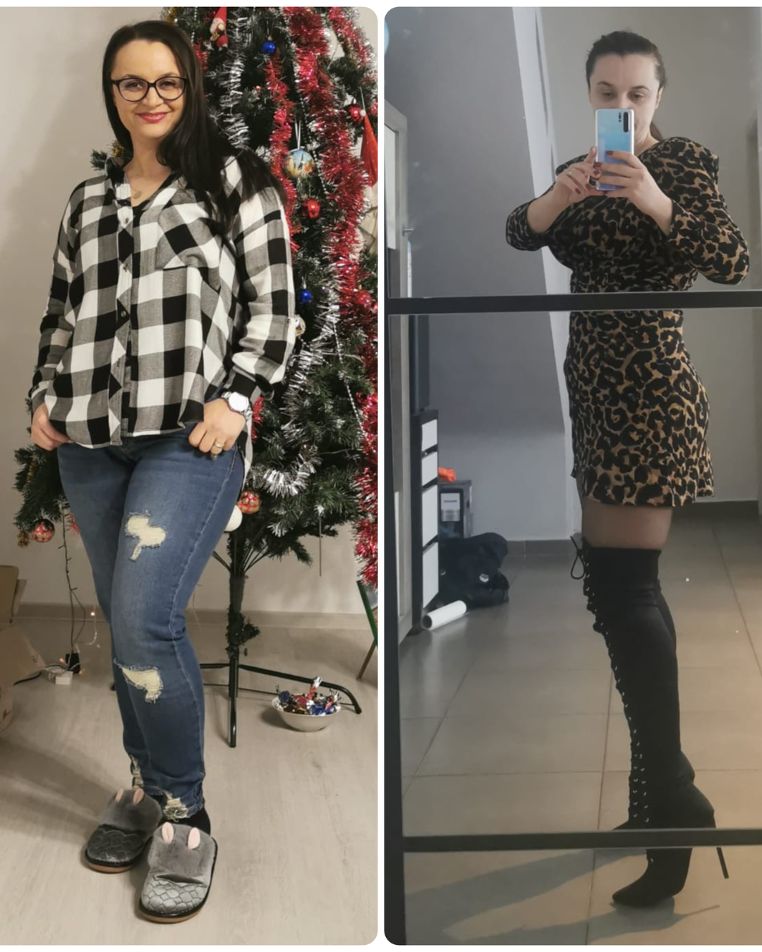 Side-by-side photos of two women. The woman on the left is standing next to a decorated Christmas tree, wearing a black and white checkered shirt, ripped jeans, and slippers, with glasses and dark hair. The woman on the right, taking a selfie in fron
