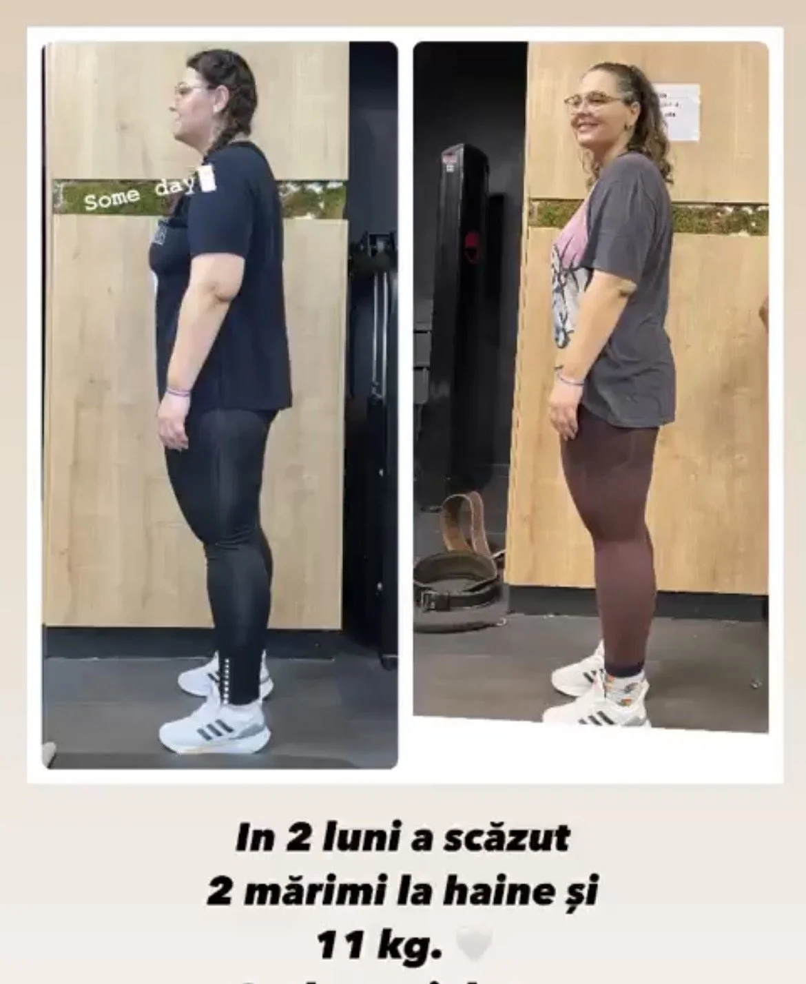 Side-by-side before and after photos of a woman showing weight loss, with text in Romanian indicating she lost 11 kg in 2 months.