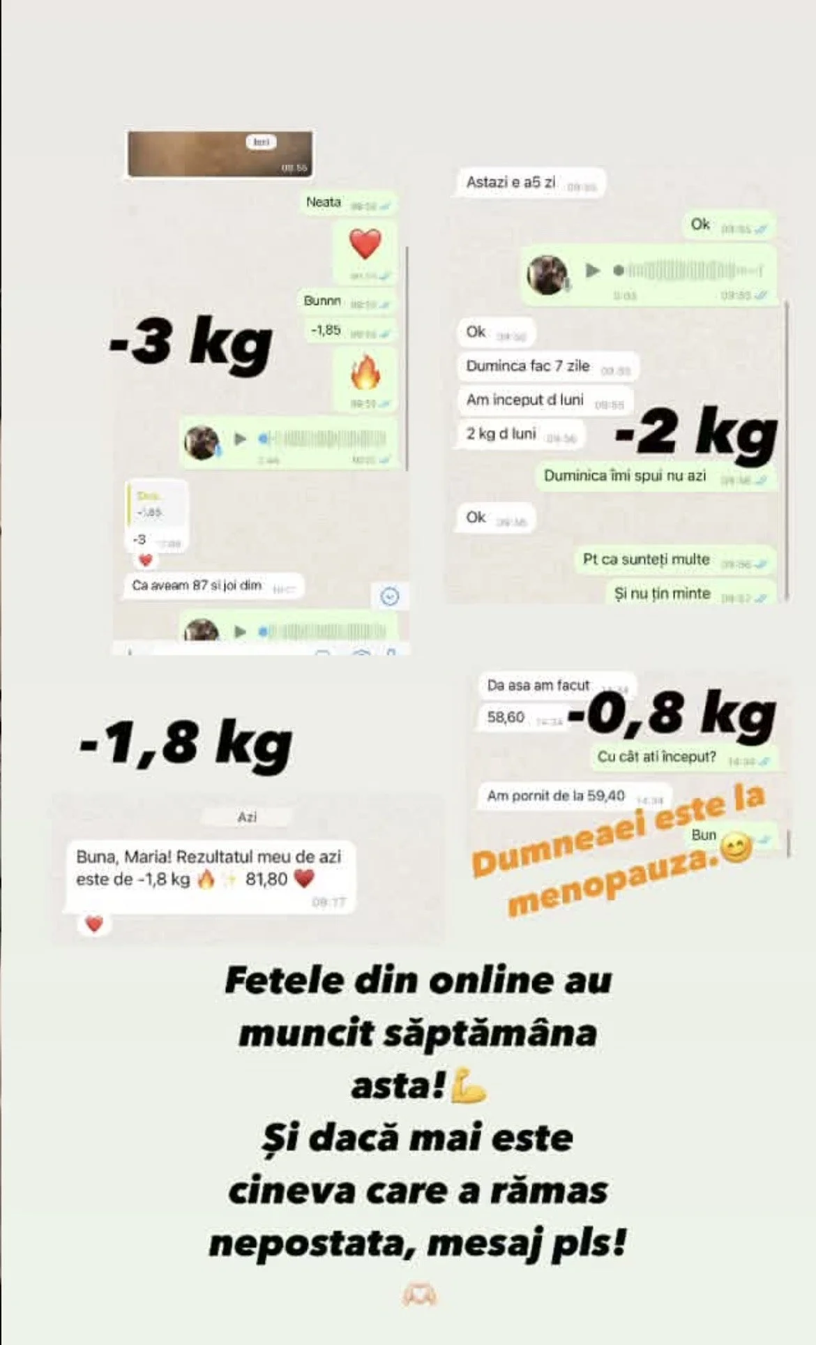 Screenshots of a WhatsApp chat showing weight loss progress over weeks, with reductions of 3 kg, 2 kg, 1.8 kg, and 0.8 kg, and a motivational message about online women working hard.