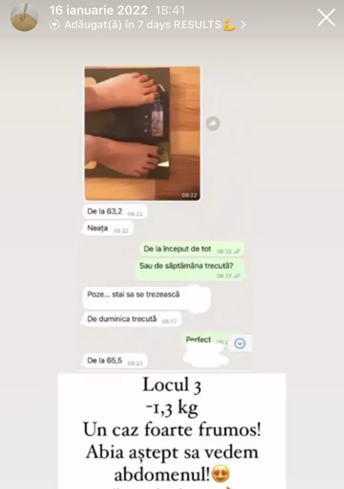 A WhatsApp conversation showing a person weighing themselves and discussing weight loss progress. The image includes a photo of feet on a digital scale, and messages about weight changes, dates, and a note about losing 1.3 kg and looking forward to s
