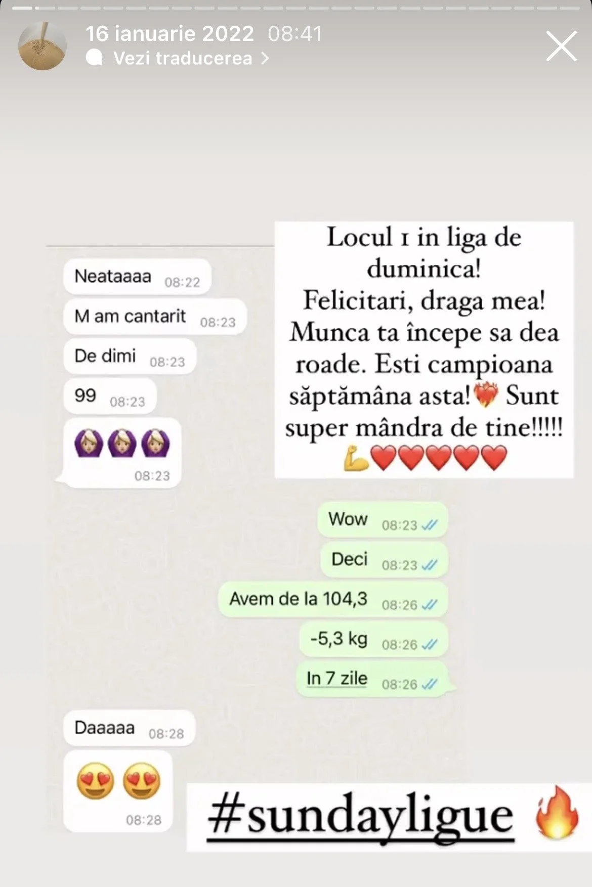 A screenshot of a WhatsApp chat conversation in Romanian, showing messages celebrating a person's weight loss achievement, including emojis, a congratulatory message, and hashtags.