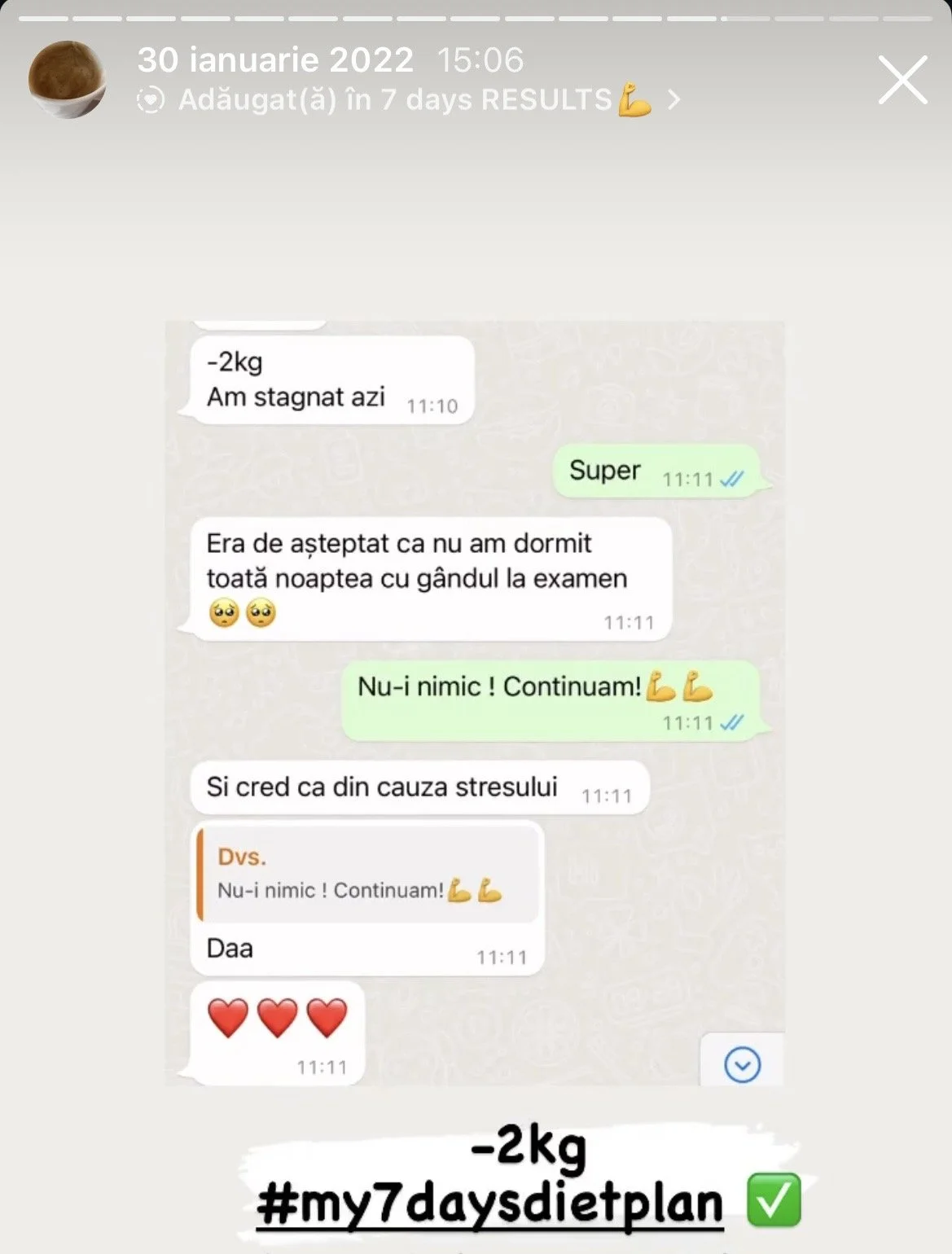 Screenshot of a WhatsApp chat documenting a 7-day diet plan to lose 2kg, including motivational messages and emojis.