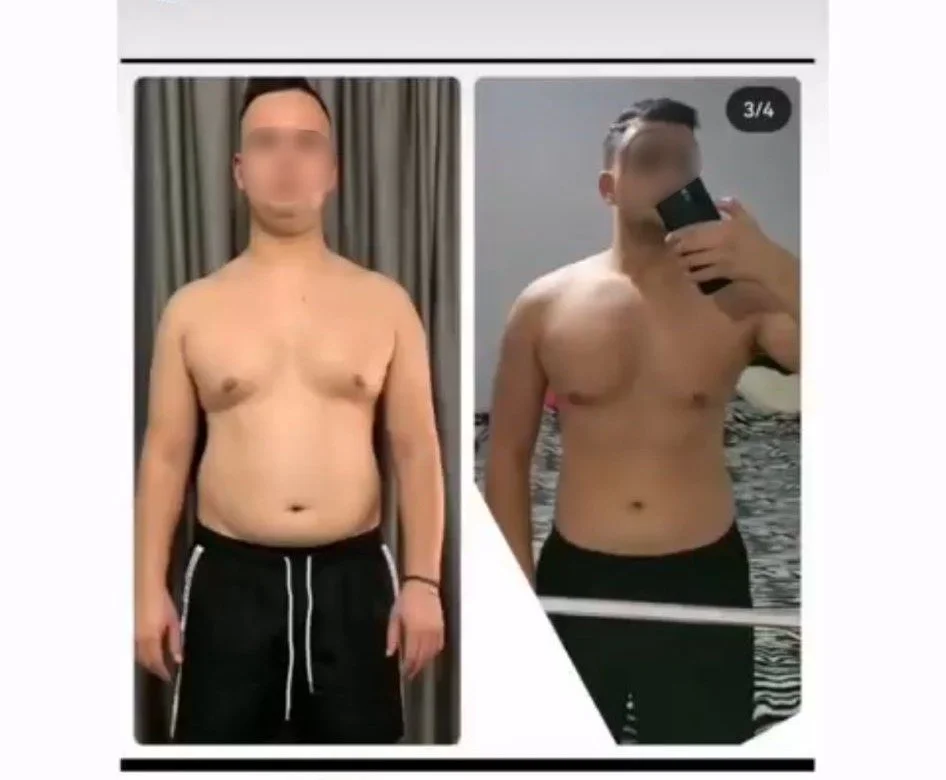 Side-by-side comparison of a shirtless man before and after weight loss or fitness transformation, taking a mirror selfie in one photo and a front view in front of a mirror in the other.