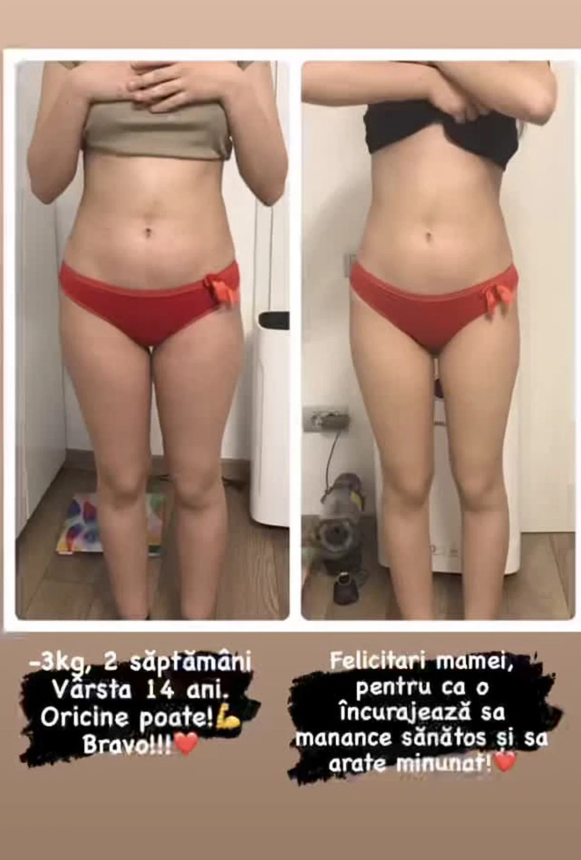 A side-by-side comparison of a woman before and after losing weight. The left photo shows her with more body fat, while the right photo shows her with a slimmer waist and legs. Text in Romanian celebrates her weight loss achievement.