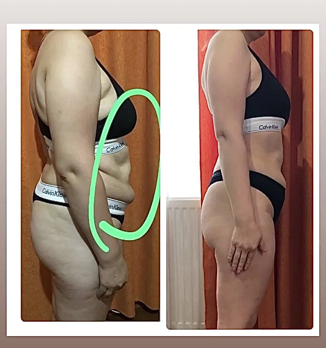 Side-by-side comparison of a woman's body before and after weight loss, both in black sports bra and shorts, with the after image showing a slimmer physique.