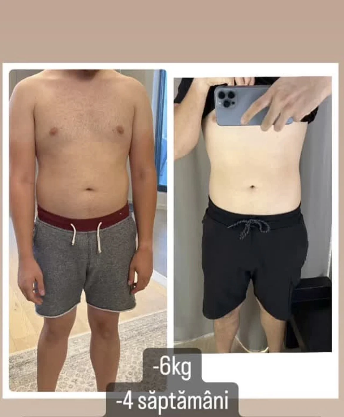 Comparison of a man's torso before and after losing weight, showing a reduction of 6kg and 4 weeks.