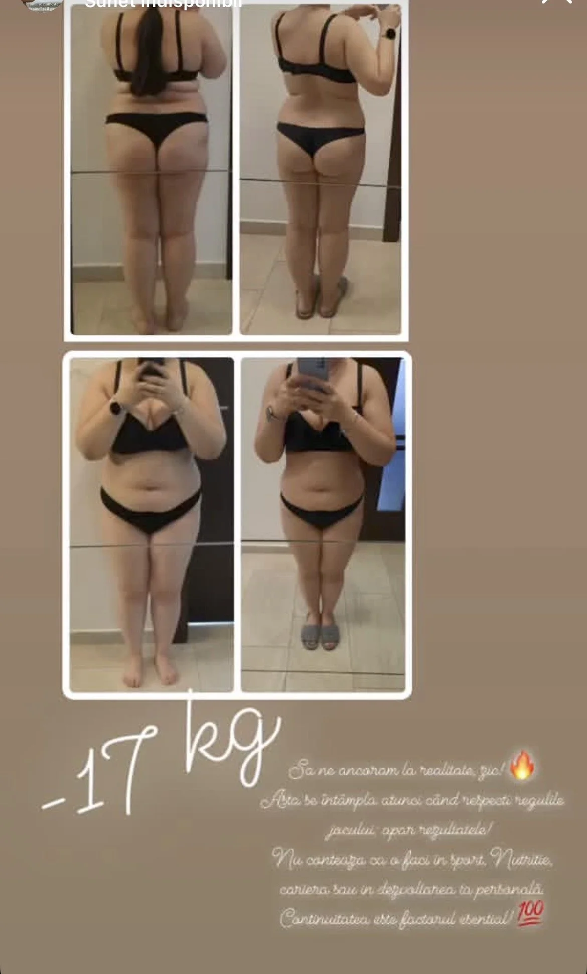 A collage showing a woman's weight loss progress over time with two before-and-after photos in a fitness journey, one at the top and one at the bottom, highlighting her transformation from fat to lean.