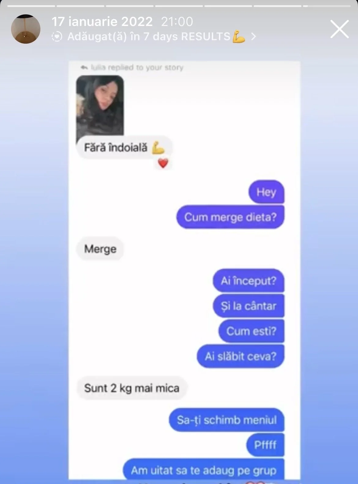 Screenshot of a conversation in Romanian on a messaging app, discussing dieting and weight loss, with a profile picture of a woman at the top