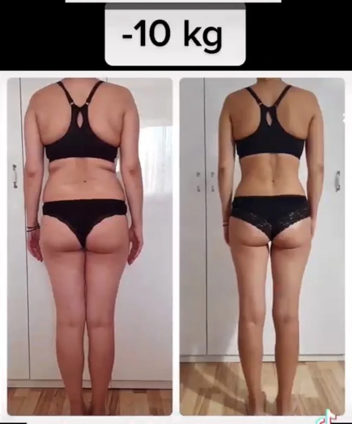 Side-by-side comparison of a woman before and after losing 10 kilograms, showing changes in body shape and size.