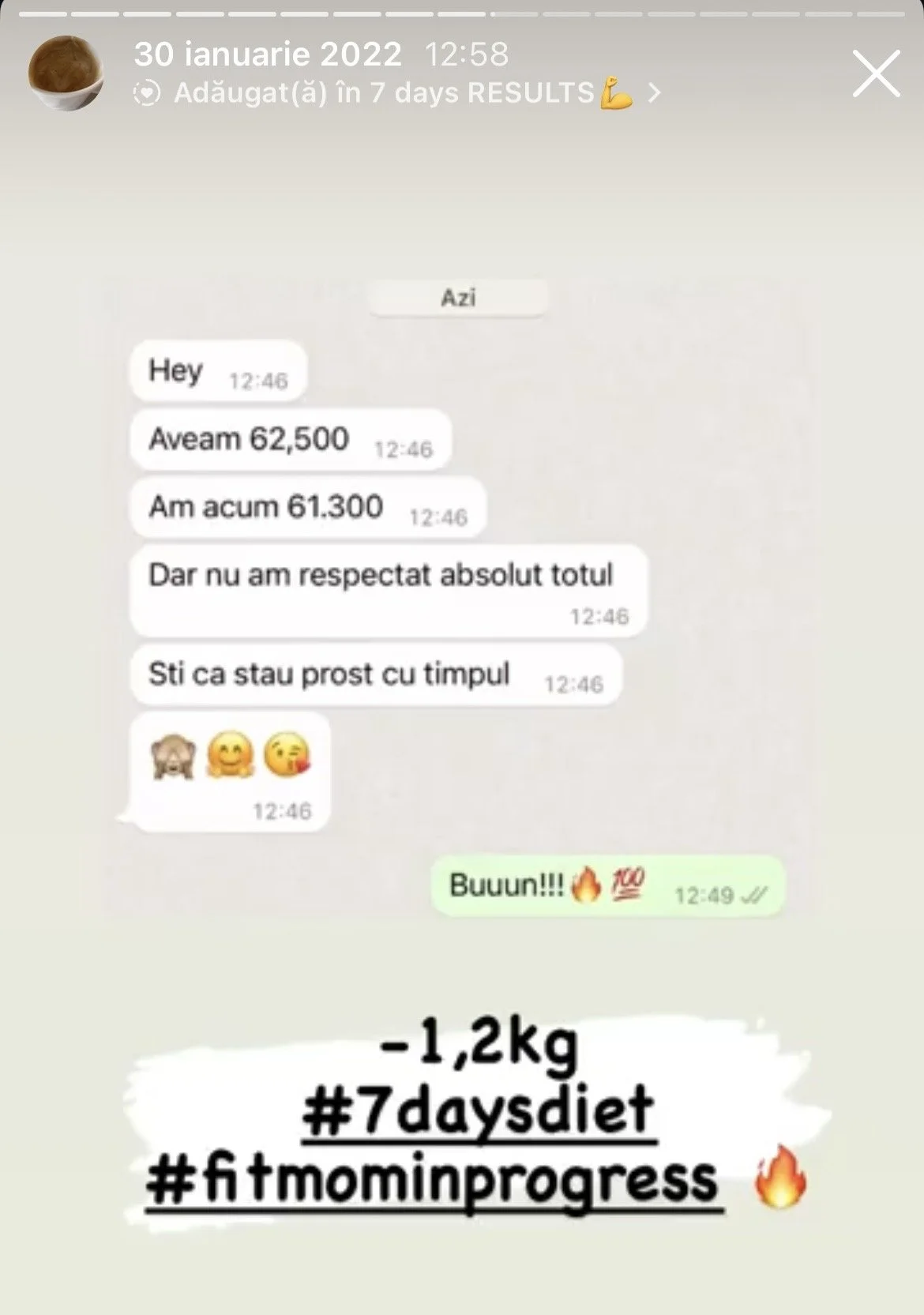Screenshot of a conversation in Romanian about weight loss progress, with hashtags indicating a 7-day diet and fitness progress.