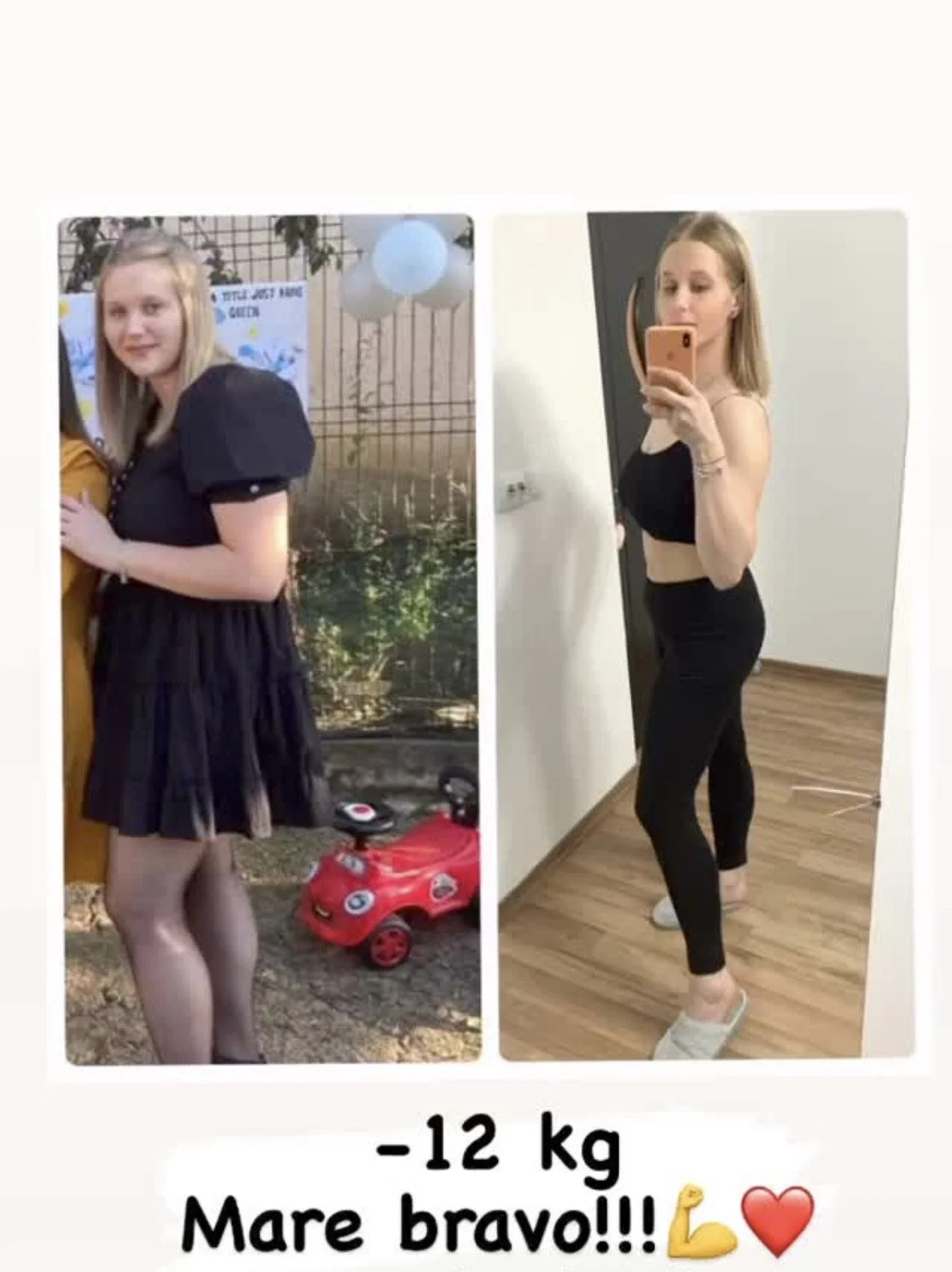 Side-by-side comparison of a woman before and after losing 12 kg, smiling in both photos. The left image shows her outdoors in a black dress with stockings, while the right image shows her indoors in black workout leggings and a crop top, taking a se