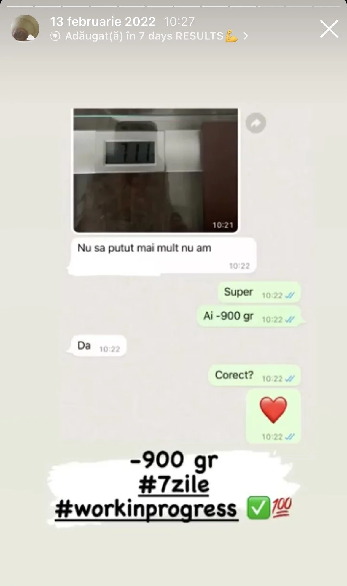 WhatsApp chat showing a picture of a digital scale, messages about weight loss, and hashtags indicating progress and work in progress.