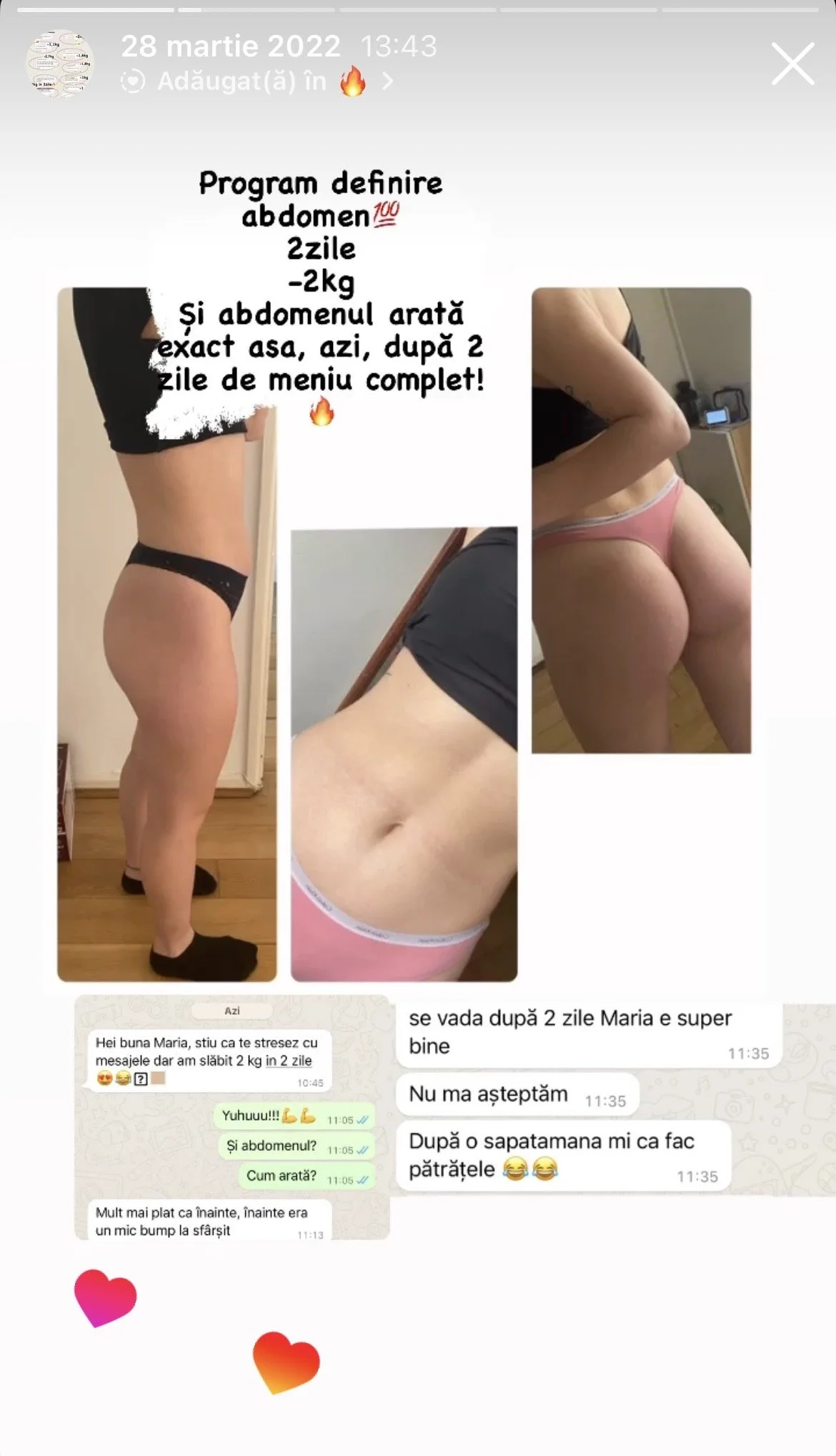 A collage of three photos showing a woman's progress in losing weight and defining her abdomen over two days, along with chat messages in Romanian about her weight loss journey.