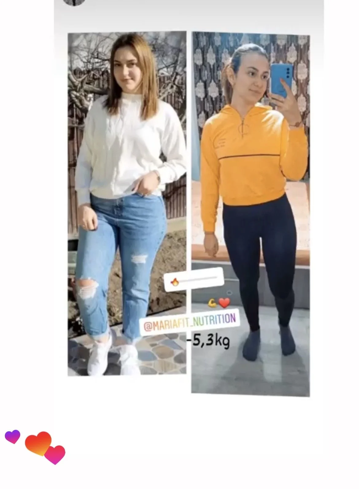 Side-by-side photos of a woman before and after losing 5.3 kg, wearing casual clothing, with text indicating her weight loss and social media tag.