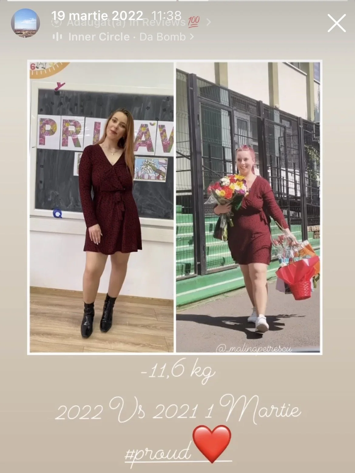 Side-by-side photos of a woman before and after weight loss. In the left photo, she is indoors, standing in front of a chalkboard with colorful 'PRIVAT' letters, wearing a burgundy dress and black boots. In the right photo, she is outdoors, smiling a