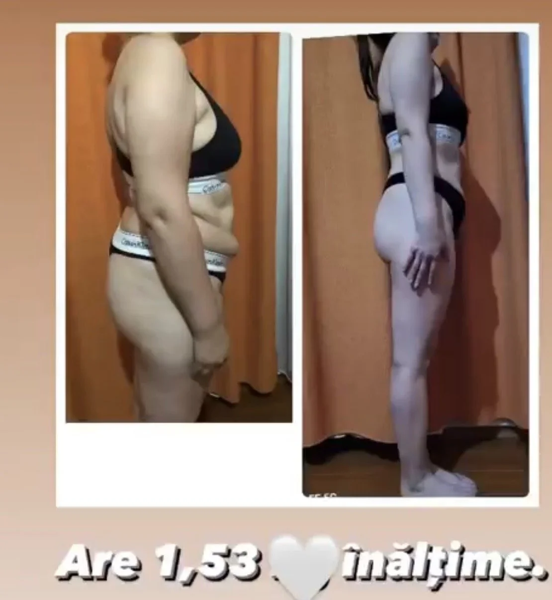 Comparison of a woman's body before and after weight loss, showing a slimmer figure in the after photo.