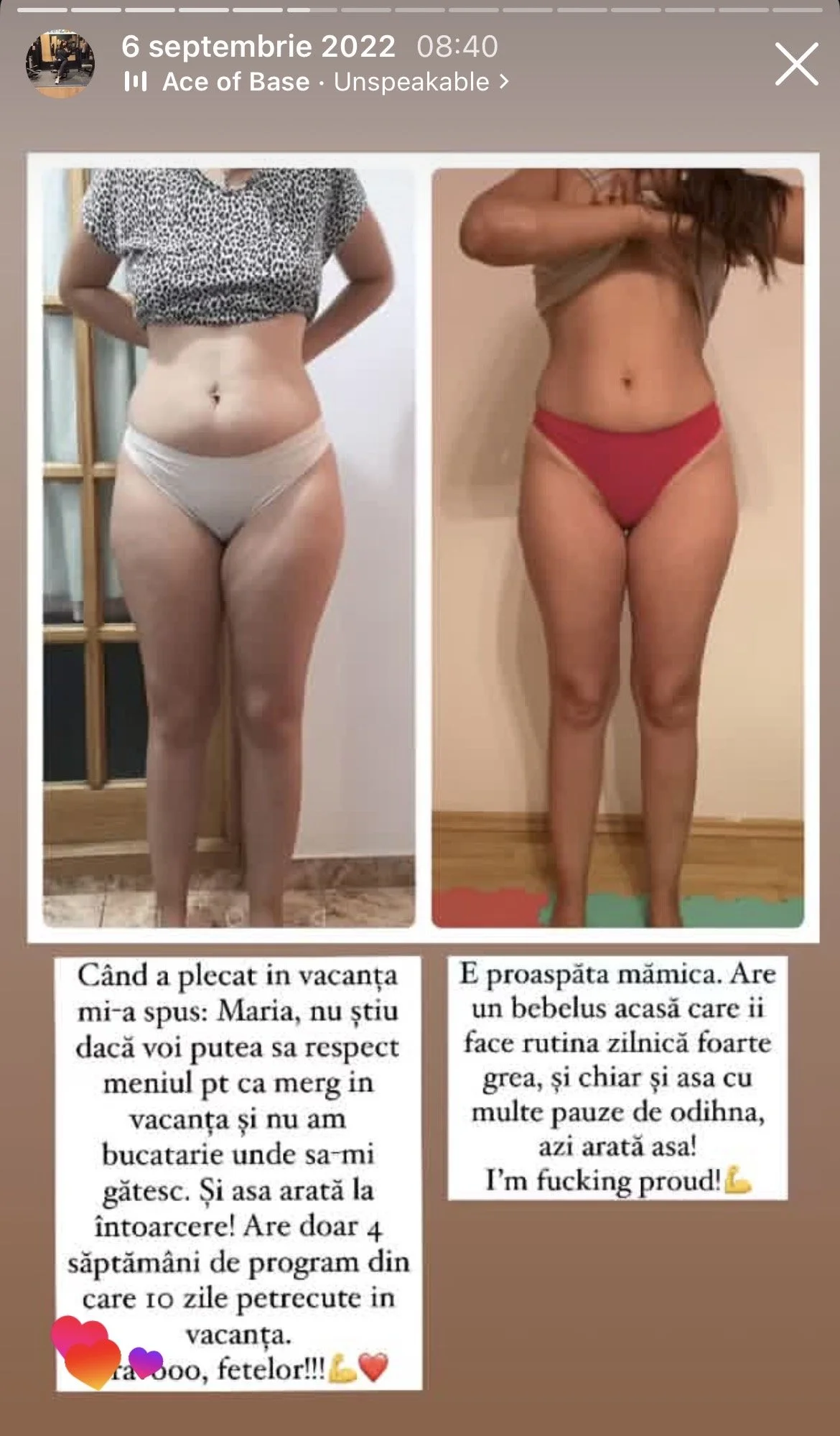 Before and after photos of a woman showing weight loss transformation, with accompanying text in Romanian about her progress and fit lifestyle.