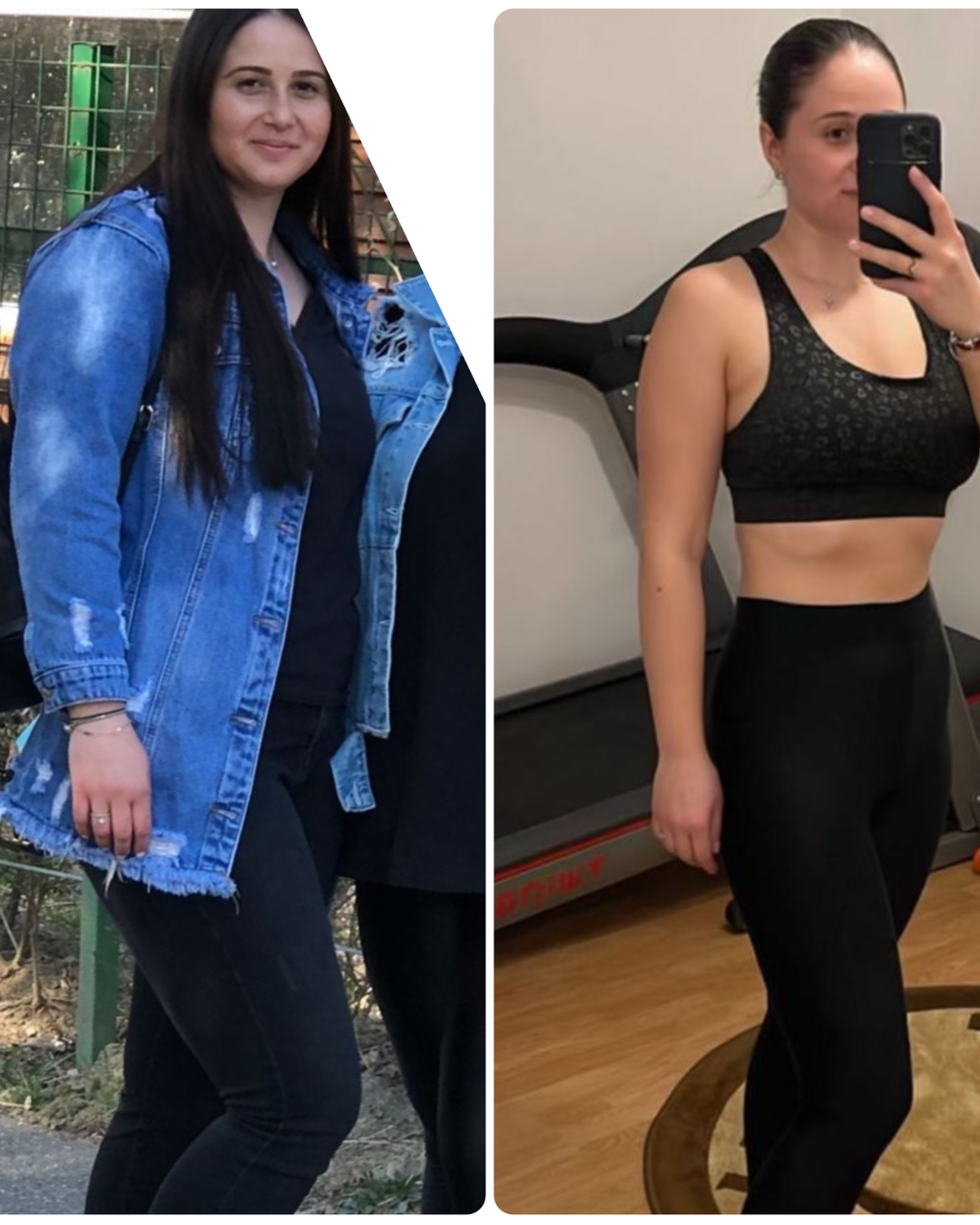 Side-by-side comparison of a woman before and after fitness transformation, wearing black athletic wear in a gym mirror and casual clothing outdoors.