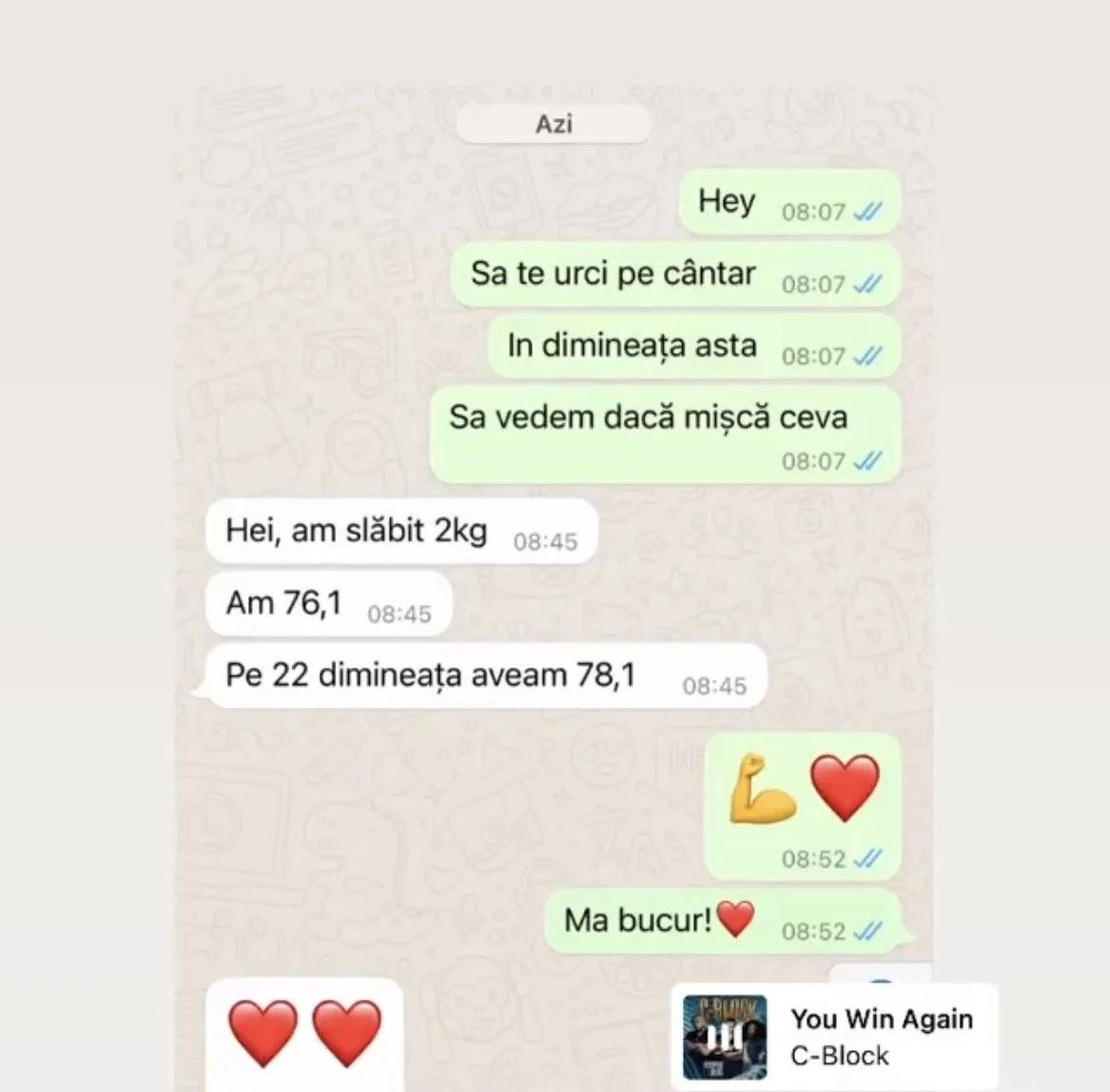 Screenshot of a WhatsApp chat between two people discussing weight loss progress and muscle gains, with emojis and shared music link.