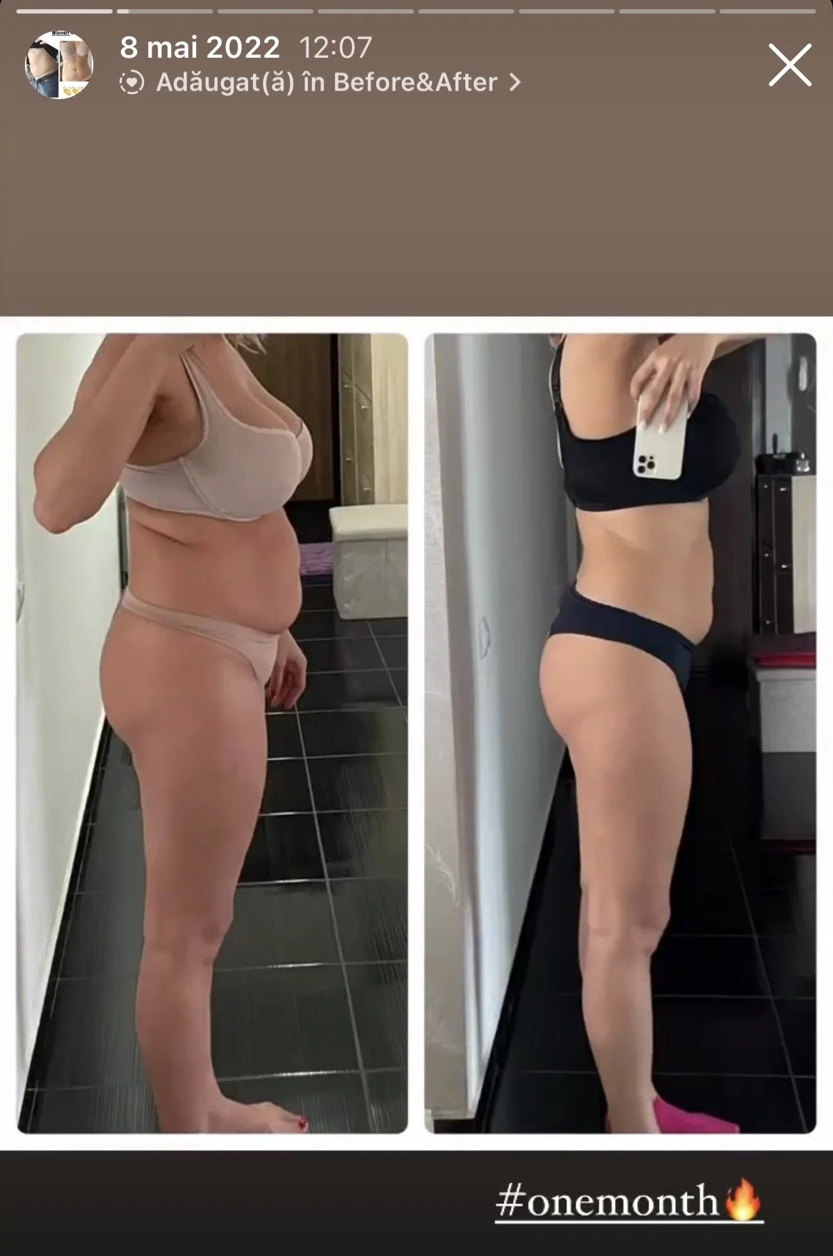 Side-by-side comparison of a woman's body before and after one month of weight loss or body transformation, with the left image showing a fuller figure and the right image showing a slimmer figure.