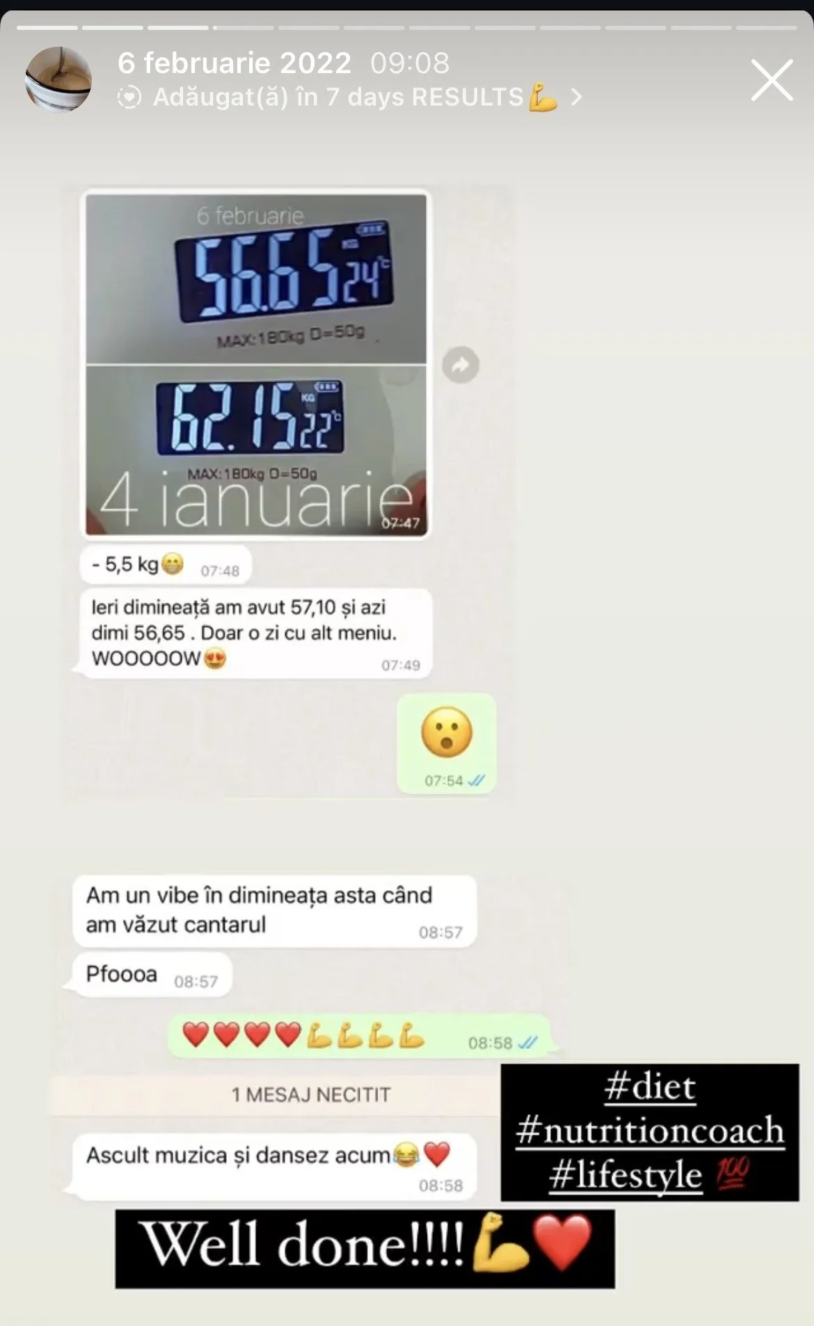 WhatsApp chat conversation in Romanian regarding weight loss progress, showing weight measurements, a message about current mood in the morning, and motivational emojis with hashtags about diet, fitness, and lifestyle.