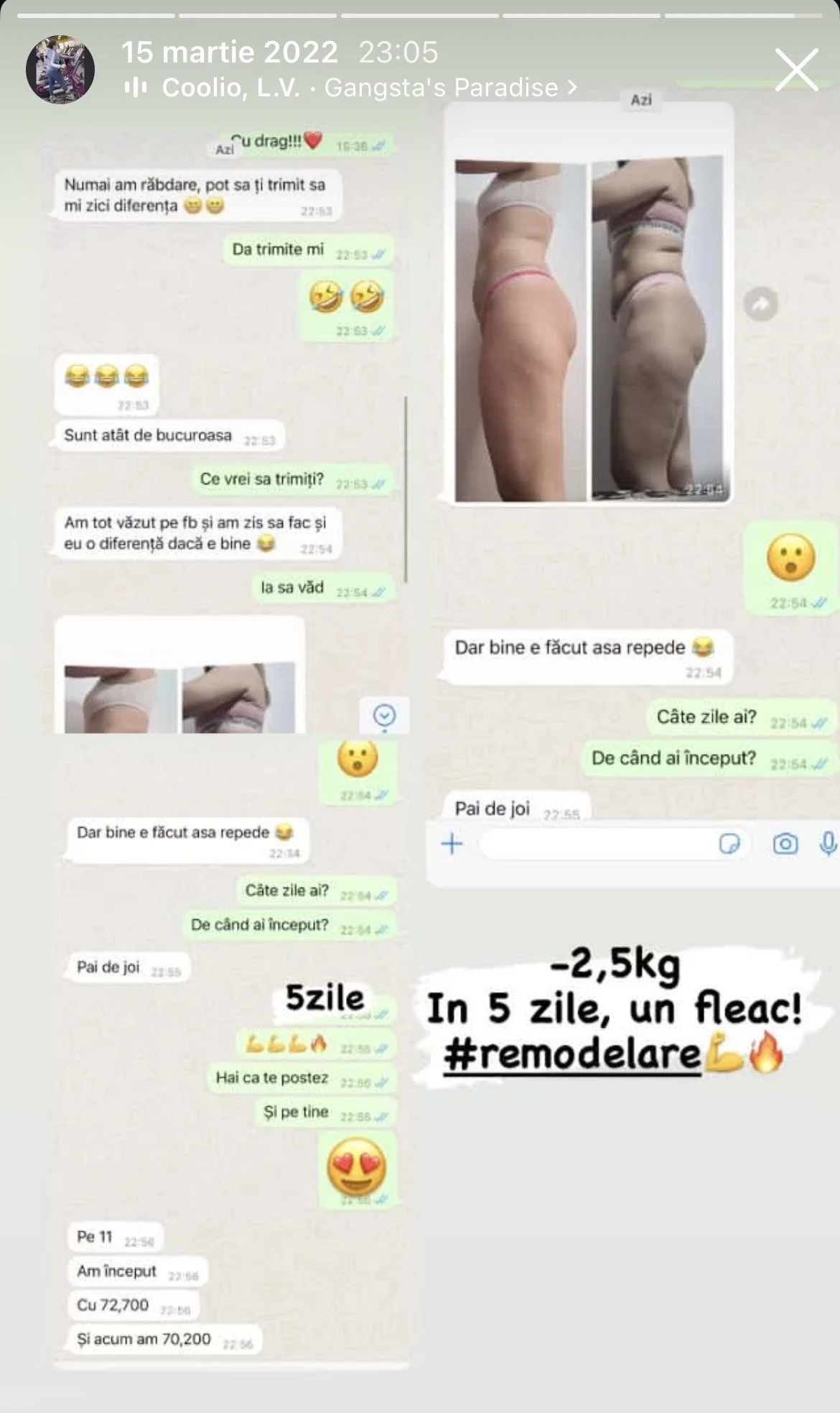 Screenshot of a WhatsApp conversation showing before and after photos of a person's thigh transformation after weight loss or body remodeling, with text annotations about losing 2.5 kg in 5 days.