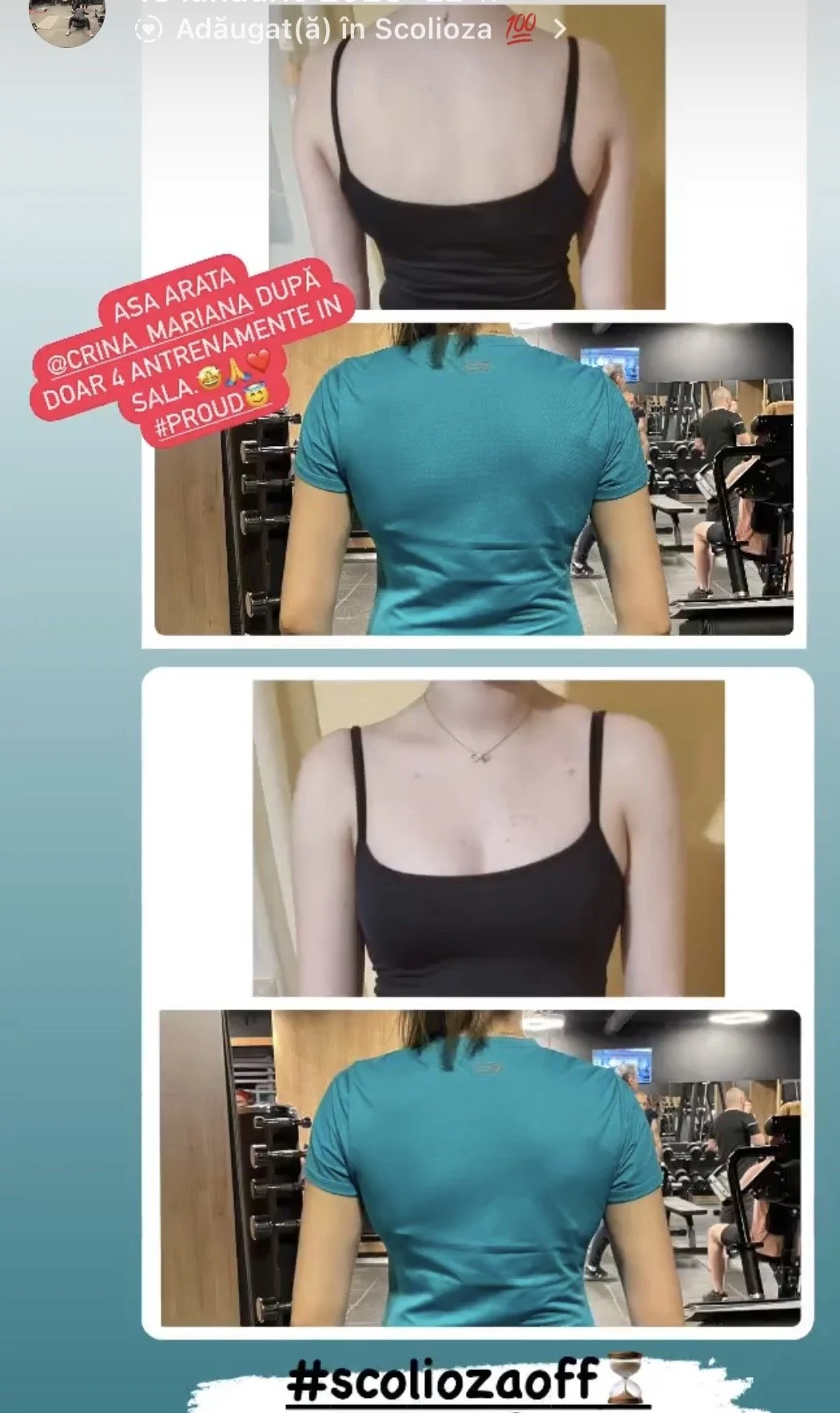 A collage of four photos showing a woman at the gym. The top and bottom photos are the woman's back in a blue workout shirt, and the middle two are close-ups of her front in a black tank top and a necklace. A red sticker nearby reads '@CRINA_MARIANA 