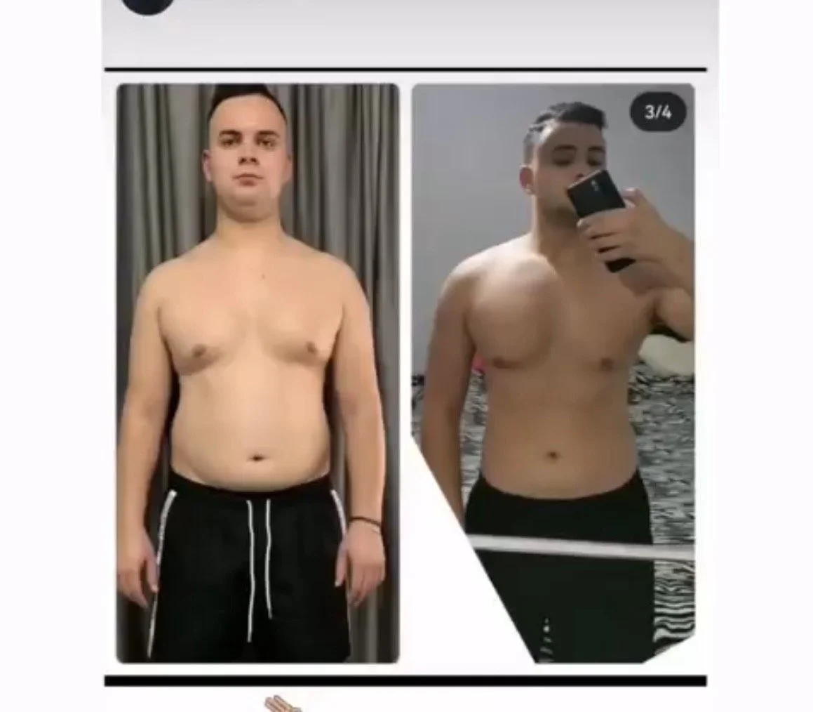 Side-by-side comparison of a man before and after losing weight. In the left image, he is standing shirtless with a neutral expression, wearing black shorts, with a background of curtains. In the right image, he is taking a mirror selfie, showing a s