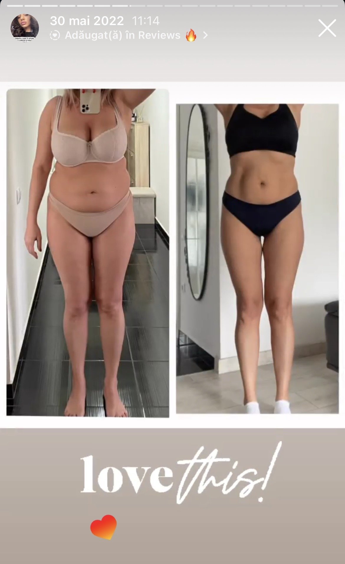 Side-by-side before and after photos of a woman showing weight loss progress, with a caption reading 'love this!' and a small heart emoji.