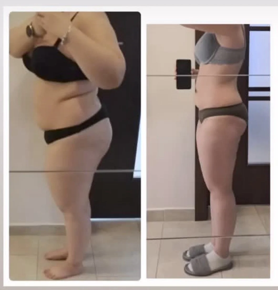 Side-by-side before and after photos of a woman showing weight loss progress. She is wearing underwear and slippers, standing indoors in front of a mirror.