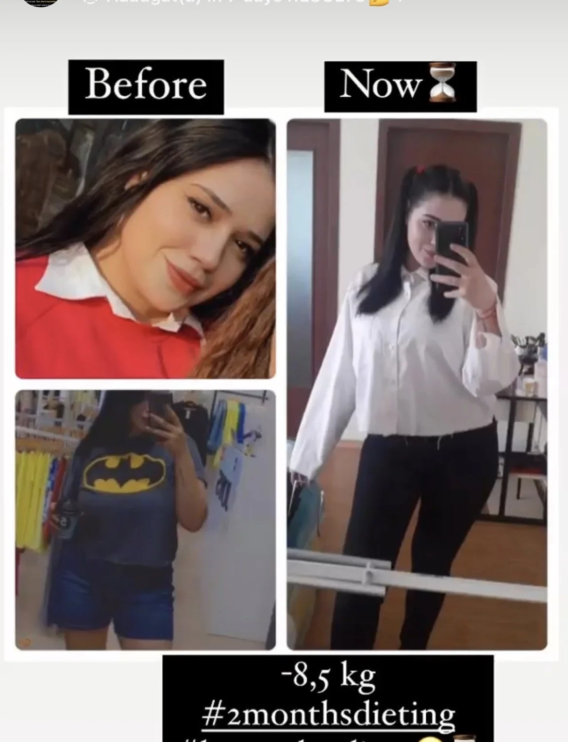 Comparison of a woman's appearance before and after two months of dieting, showing a weight loss of 8.5 kilograms, with photos of her face and body.
