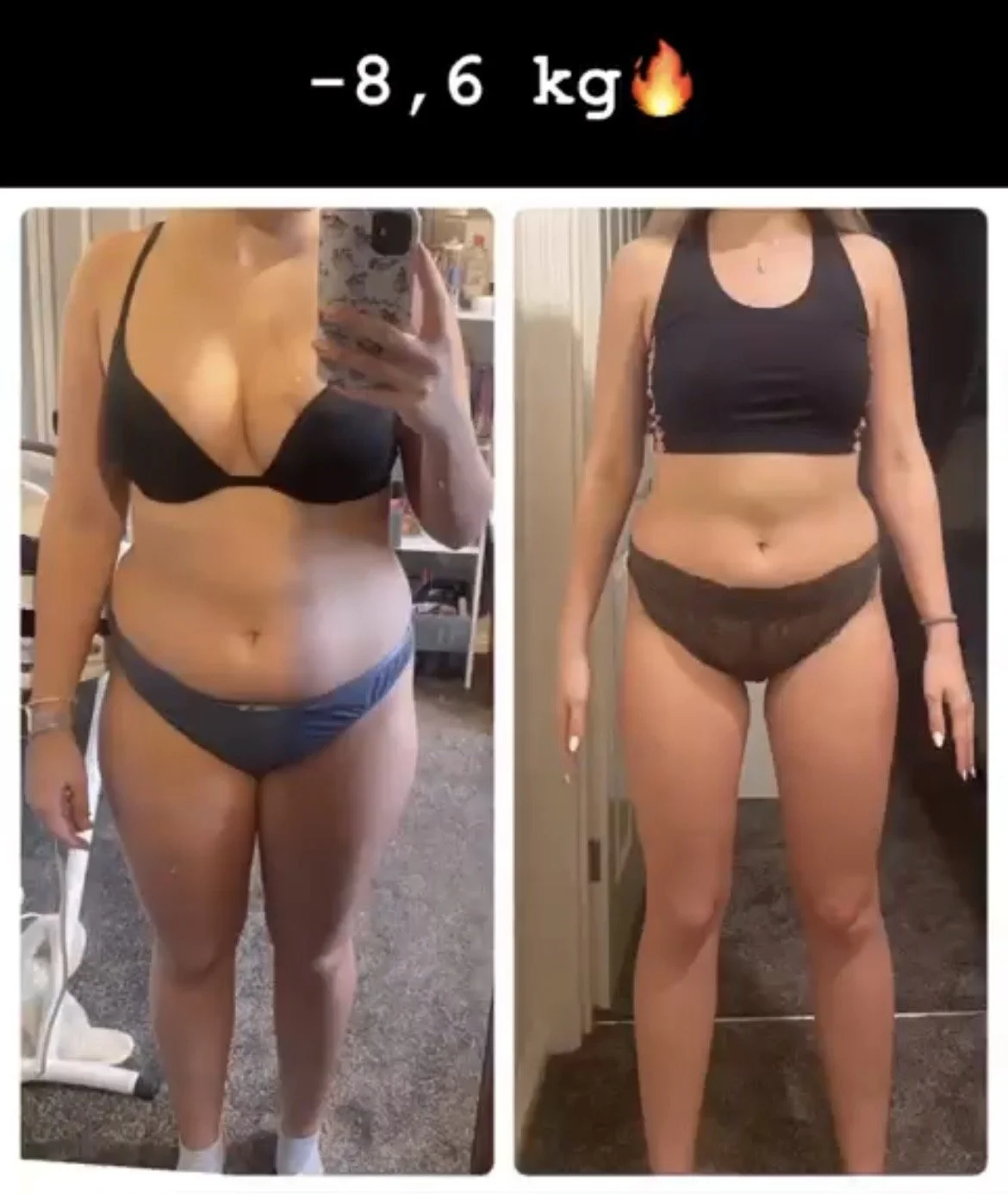 Side-by-side comparison of a woman's body before and after weight loss, with a text overlay indicating a loss of 8.6 kilograms, and a fire emoji.