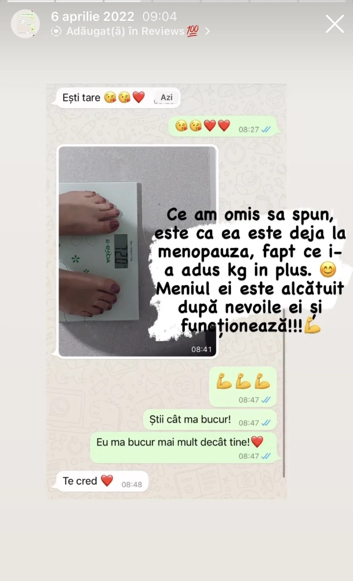 A WhatsApp conversation with a picture of someone's feet on a scale showing a weight of 72.0 kg. The chat discusses weight loss and menopause, with emojis and positive messages.