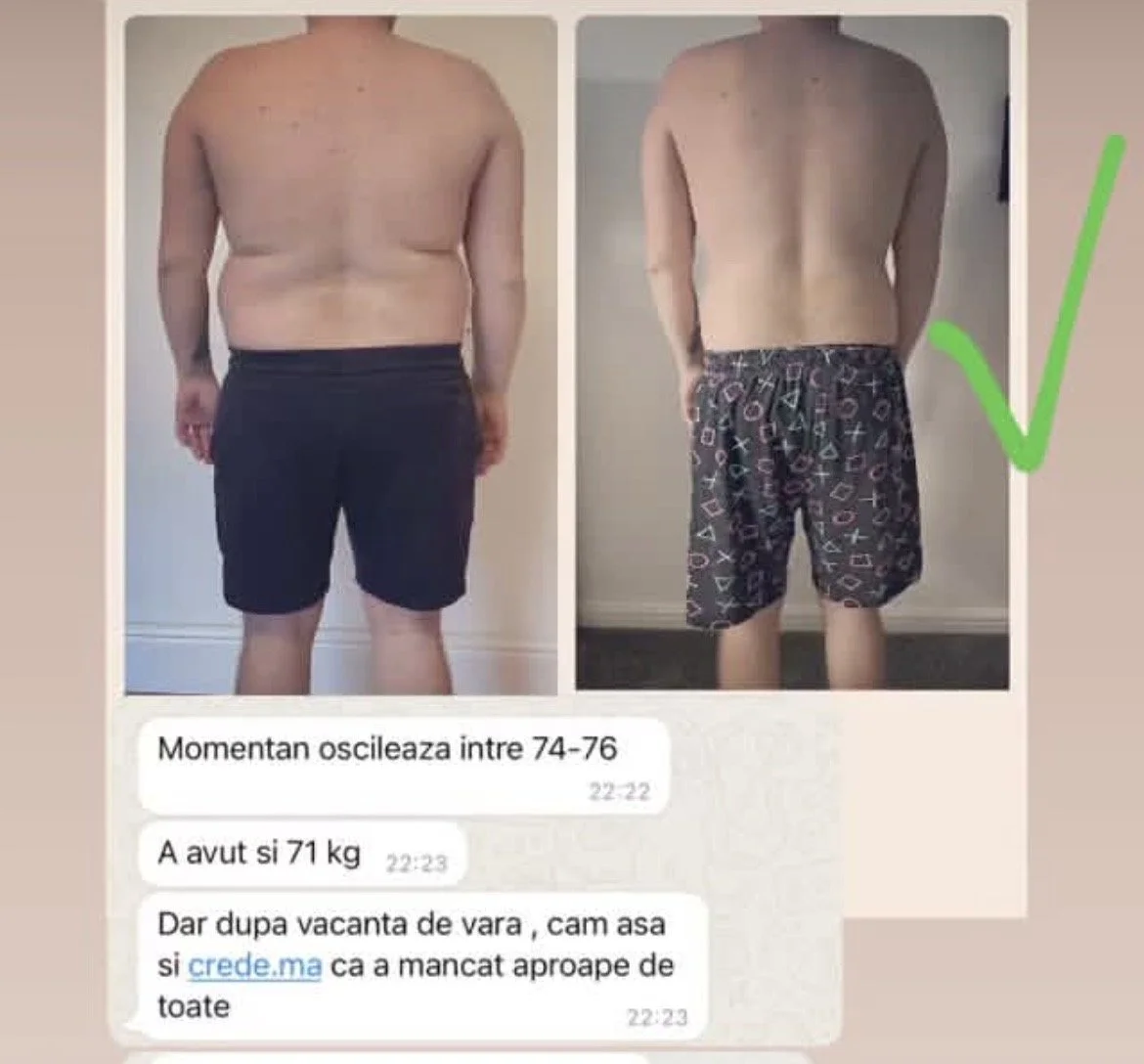 Comparison of a man's back before and after weight loss, showing reduced body fat and improved physique. Text in Romanian discusses stepping on the scale between 74-76 kg, reaching 71 kg after summer vacation, and feeling almost back to normal.